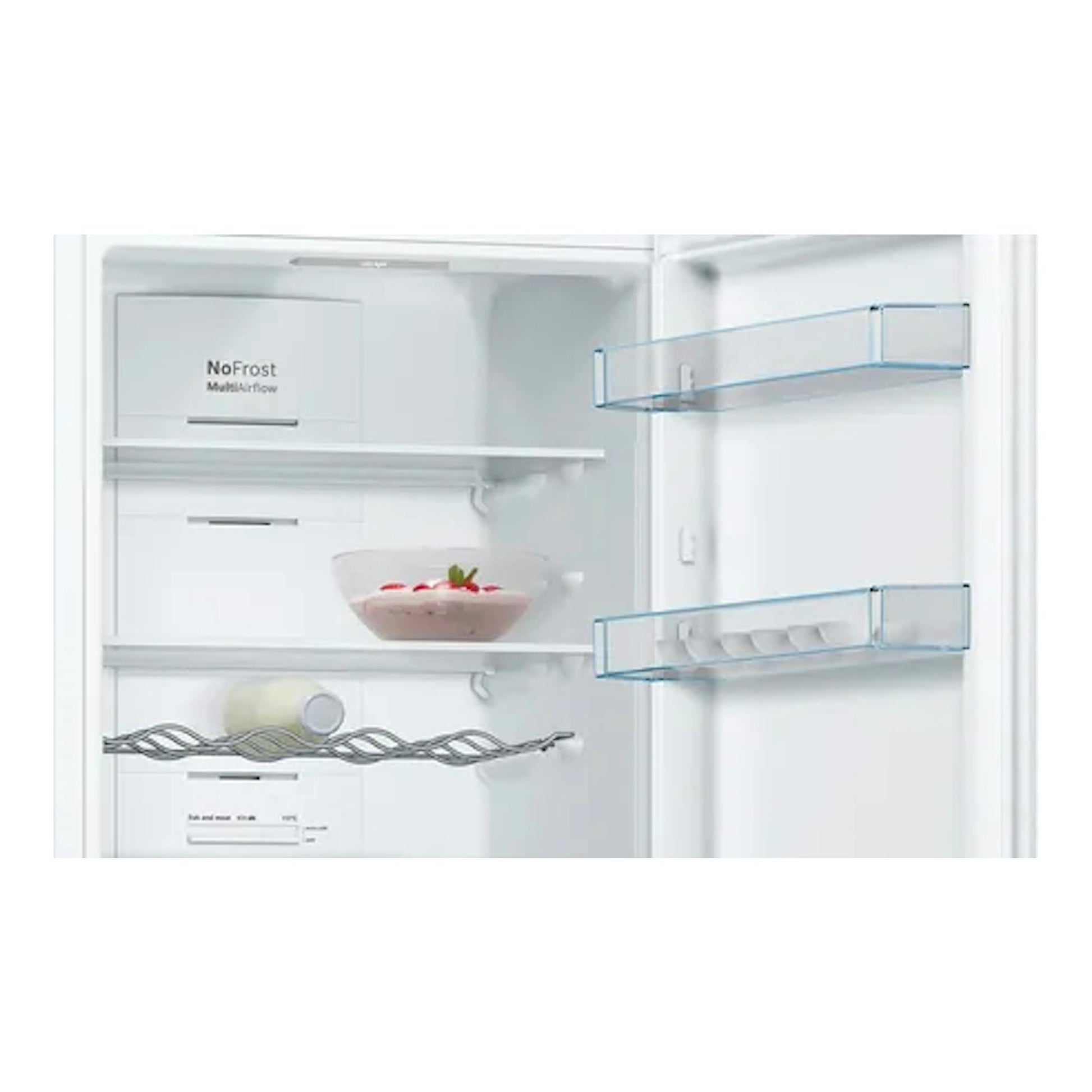Interior de frigorífico combi Bosch KGN362WED blanco, con estantes y cajones transparentes, vista frontal.