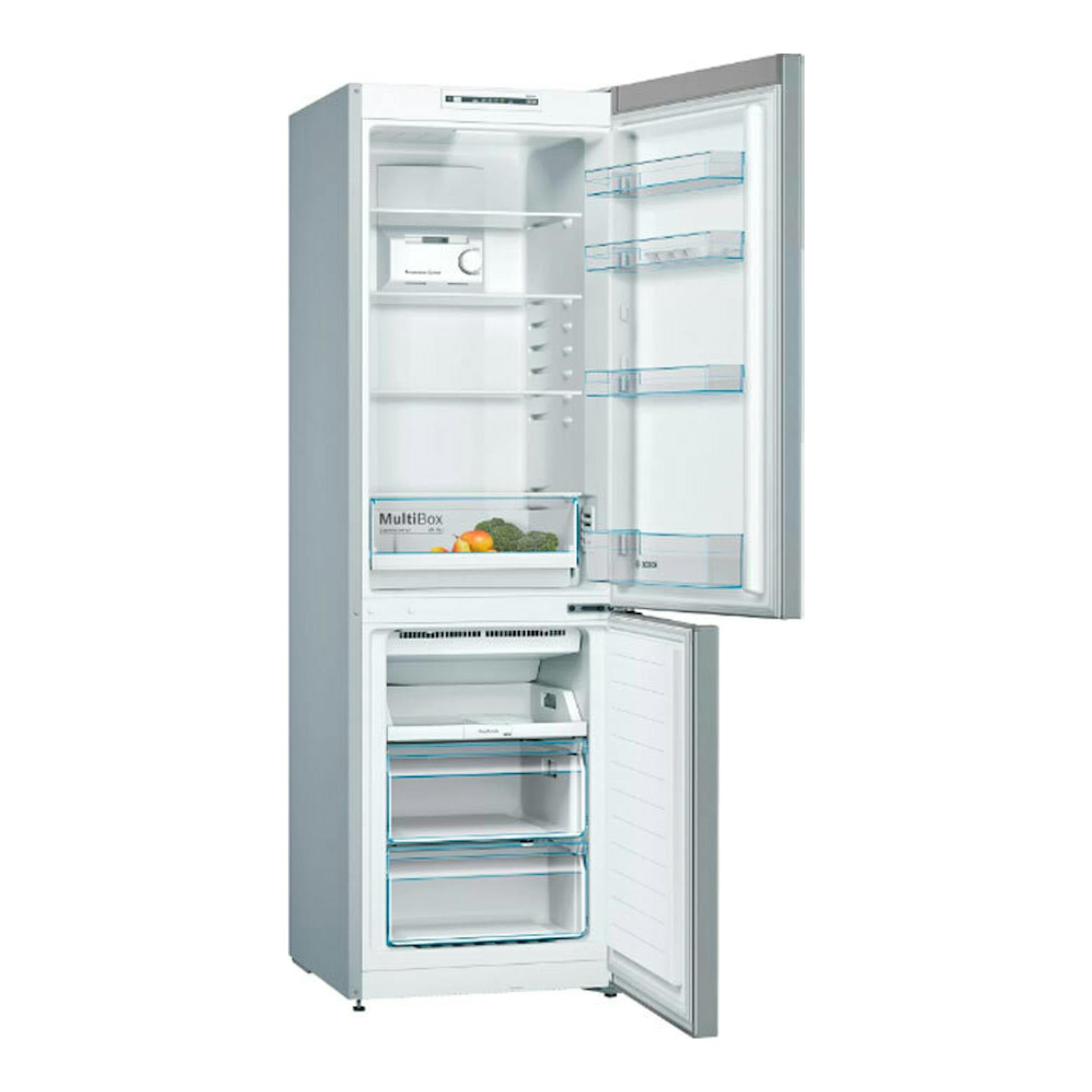 Frigorífico combi Bosch KGN36NLEA inox, vista frontal en ángulo, puertas abiertas y cajones visibles.