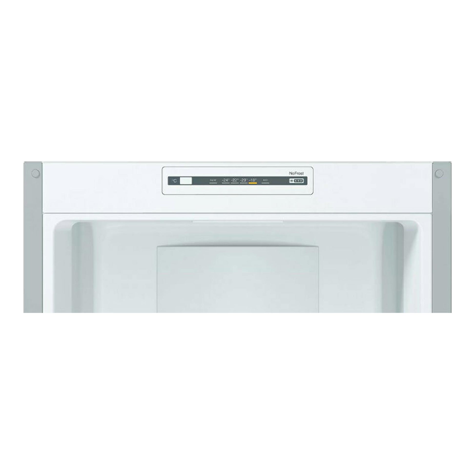 Frigorífico combi Bosch KGN36NLEA inox, vista frontal parcial con panel superior y puerta blanca/inox.