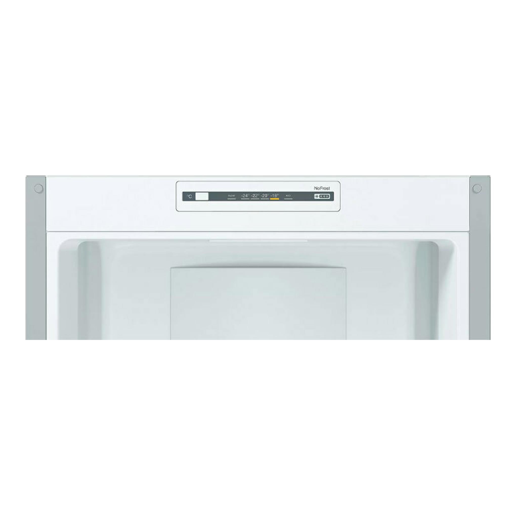 Frigorífico combi Bosch KGN36NLEA inox, vista frontal parcial con panel superior y puerta blanca/inox.