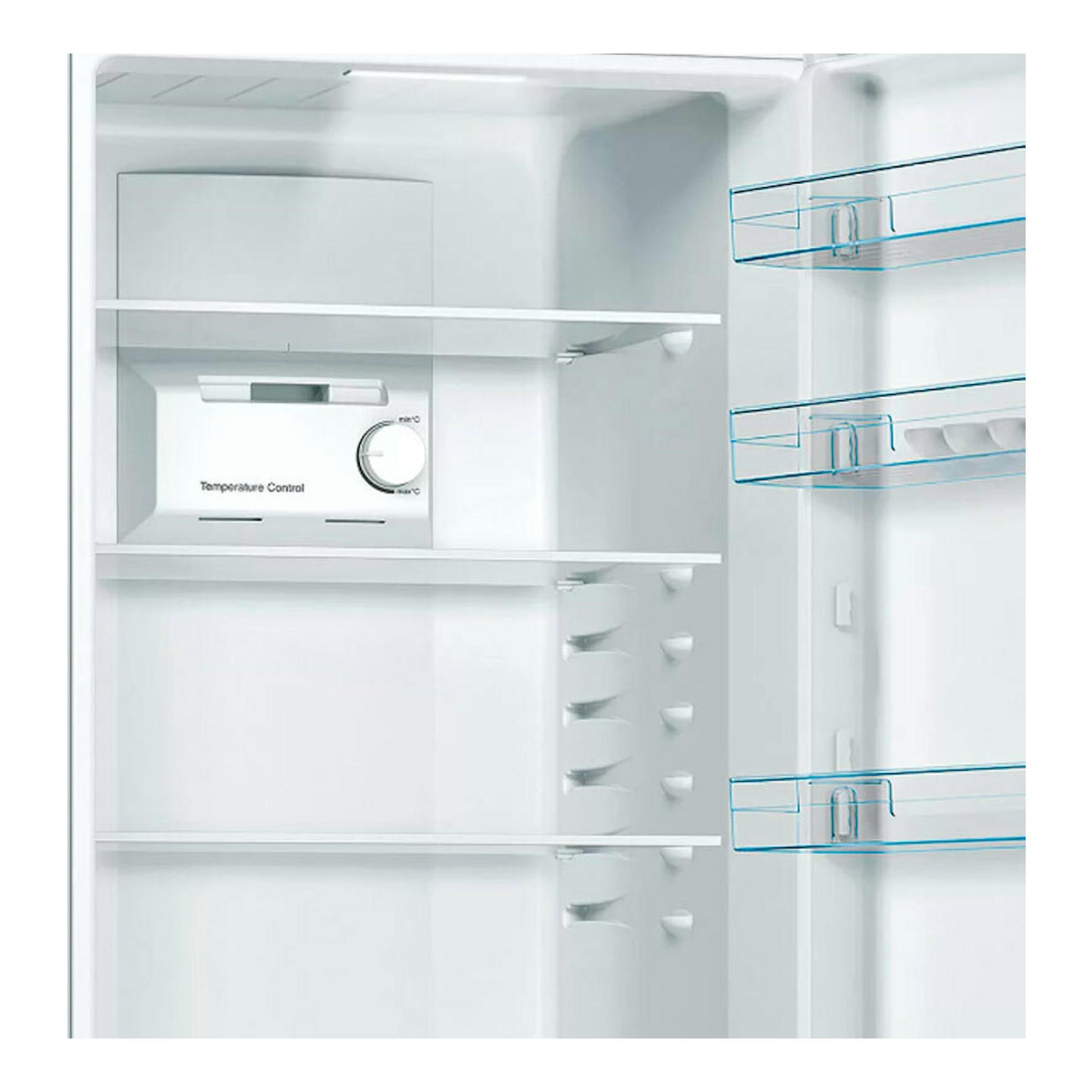 Interior de frigorífico Bosch KGN36NLEA, vista frontal, con baldas blancas y cajones en la puerta.