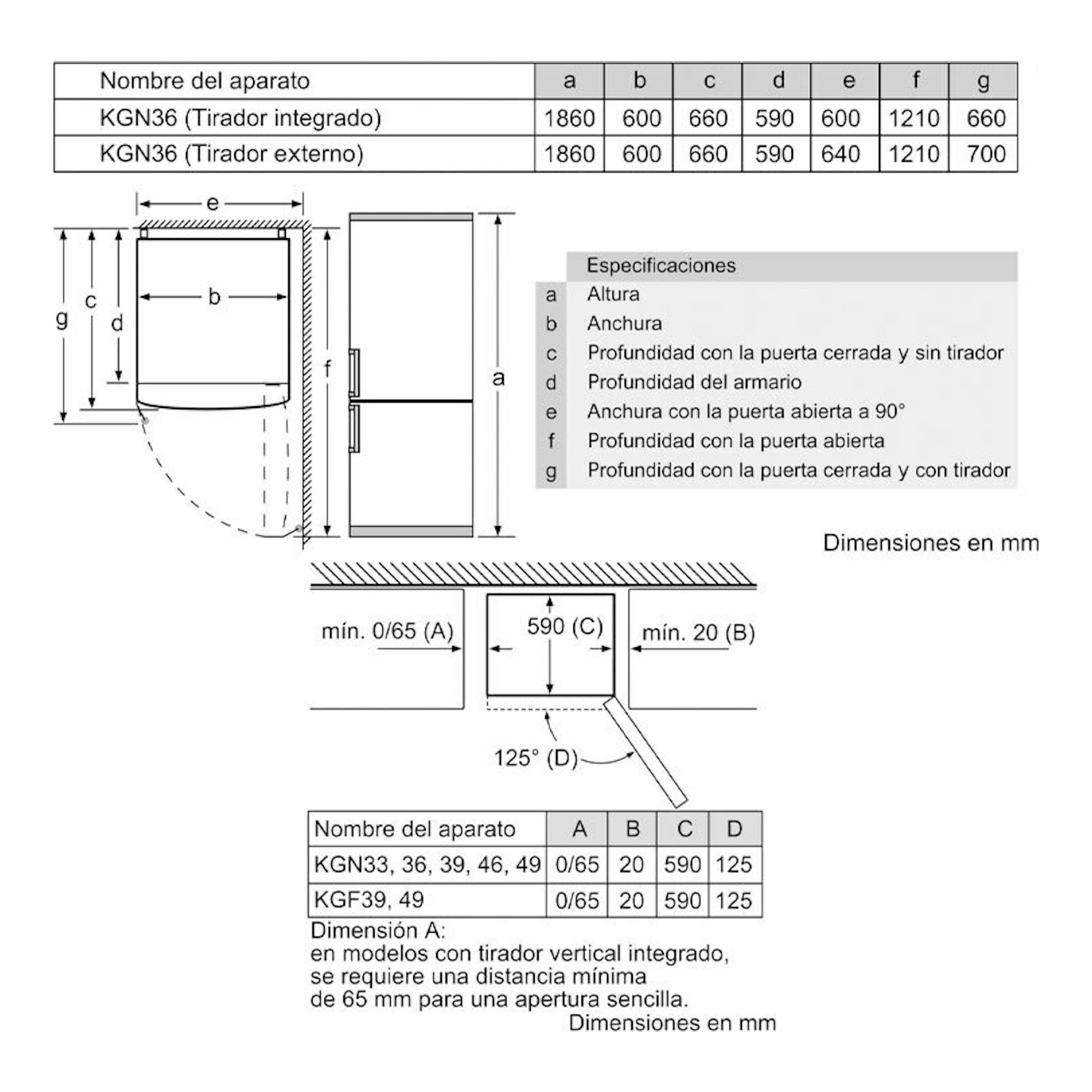 Esquema técnico frontal y lateral del frigorífico combi Bosch KGN36NWEA blanco con medidas.