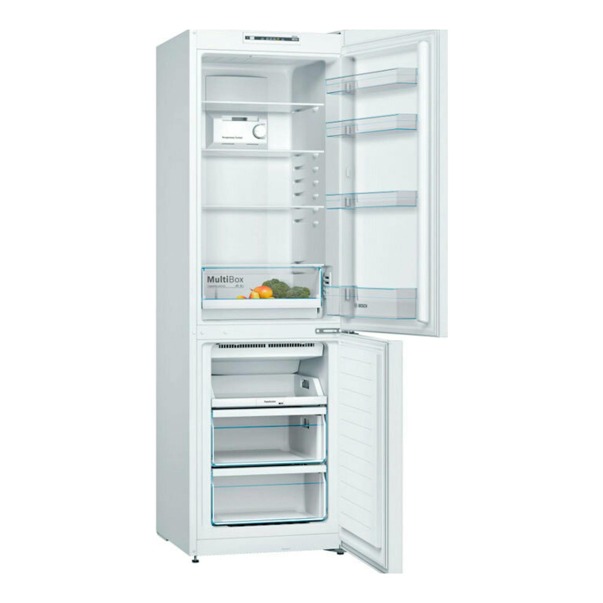 Frigorífico combi Bosch KGN36NWEA blanco, vista frontal con puertas abiertas y compartimentos interiores.