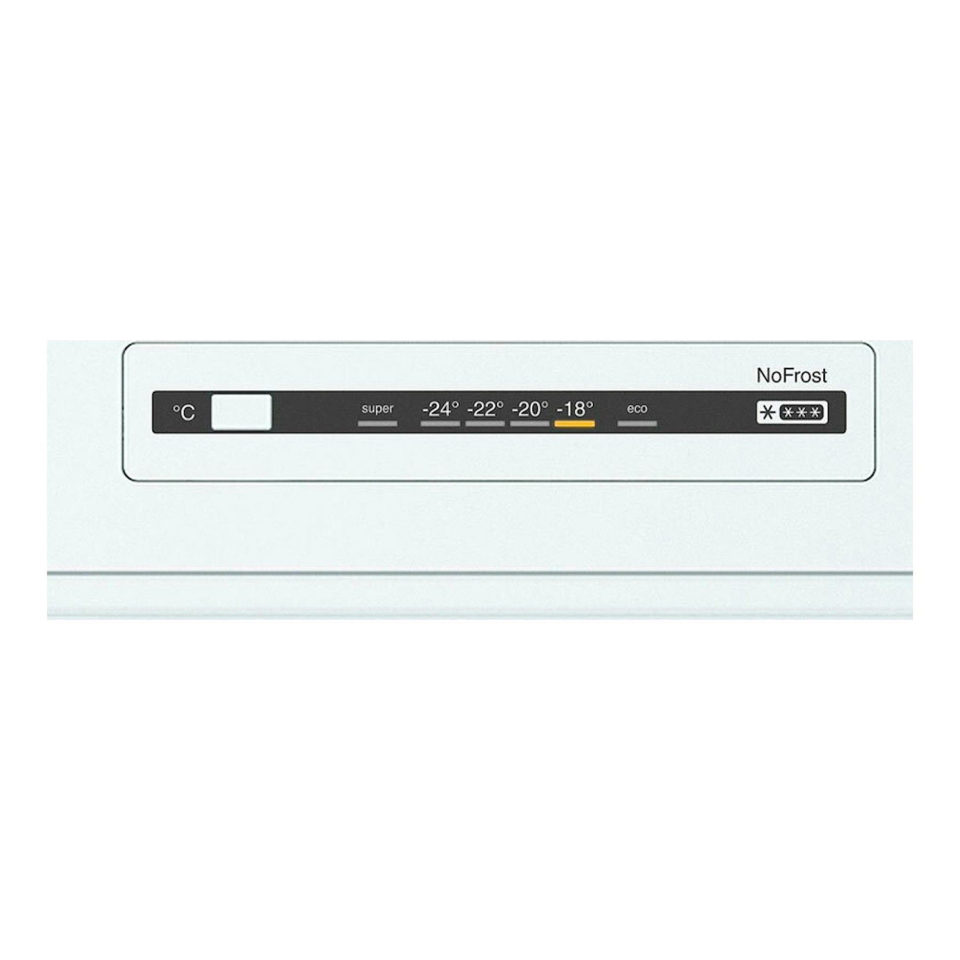 Panel de control de frigorífico combi Bosch KGN36NWEA blanco, con indicador NoFrost y temperaturas.