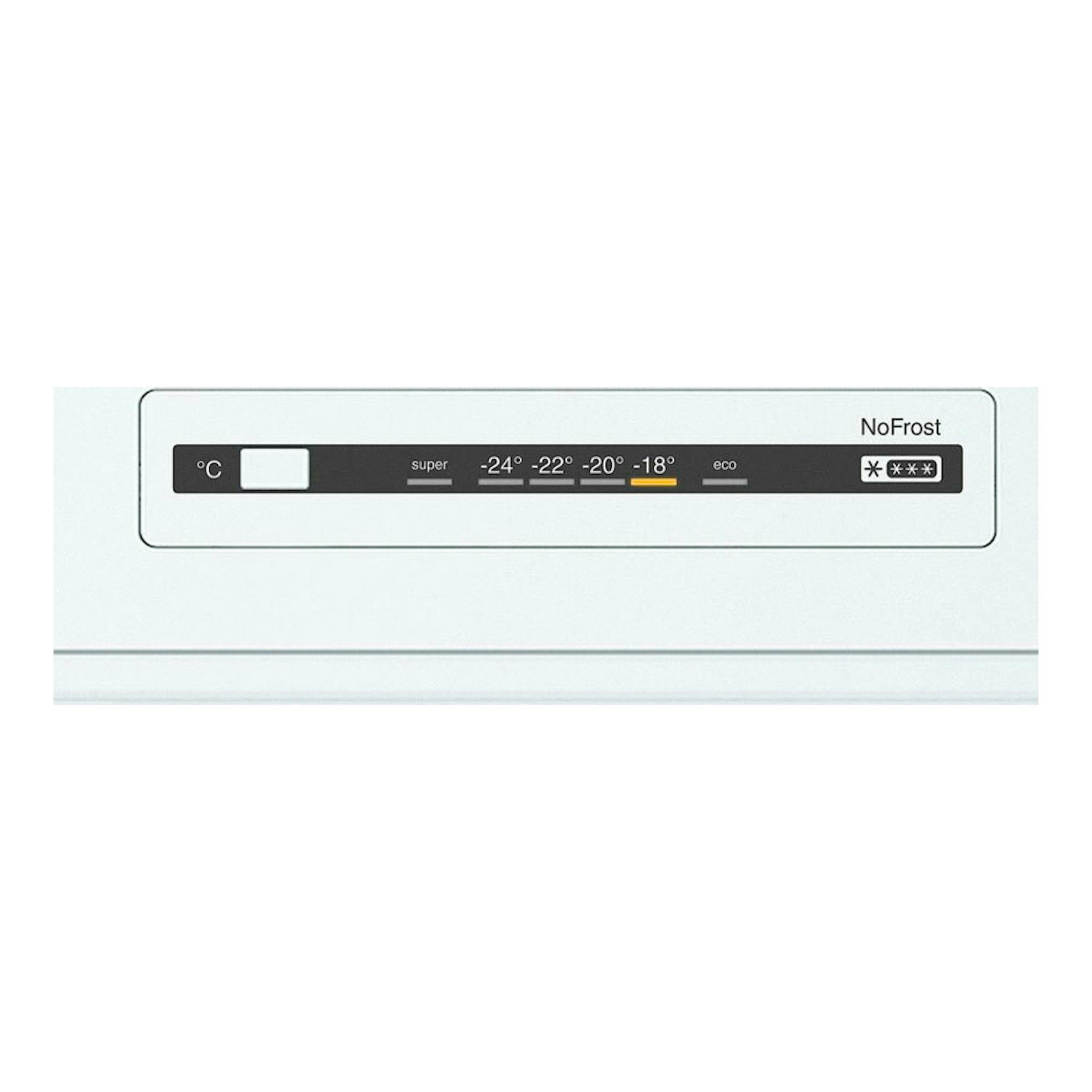 Panel de control de frigorífico combi Bosch KGN36NWEA blanco, con indicador NoFrost y temperaturas.