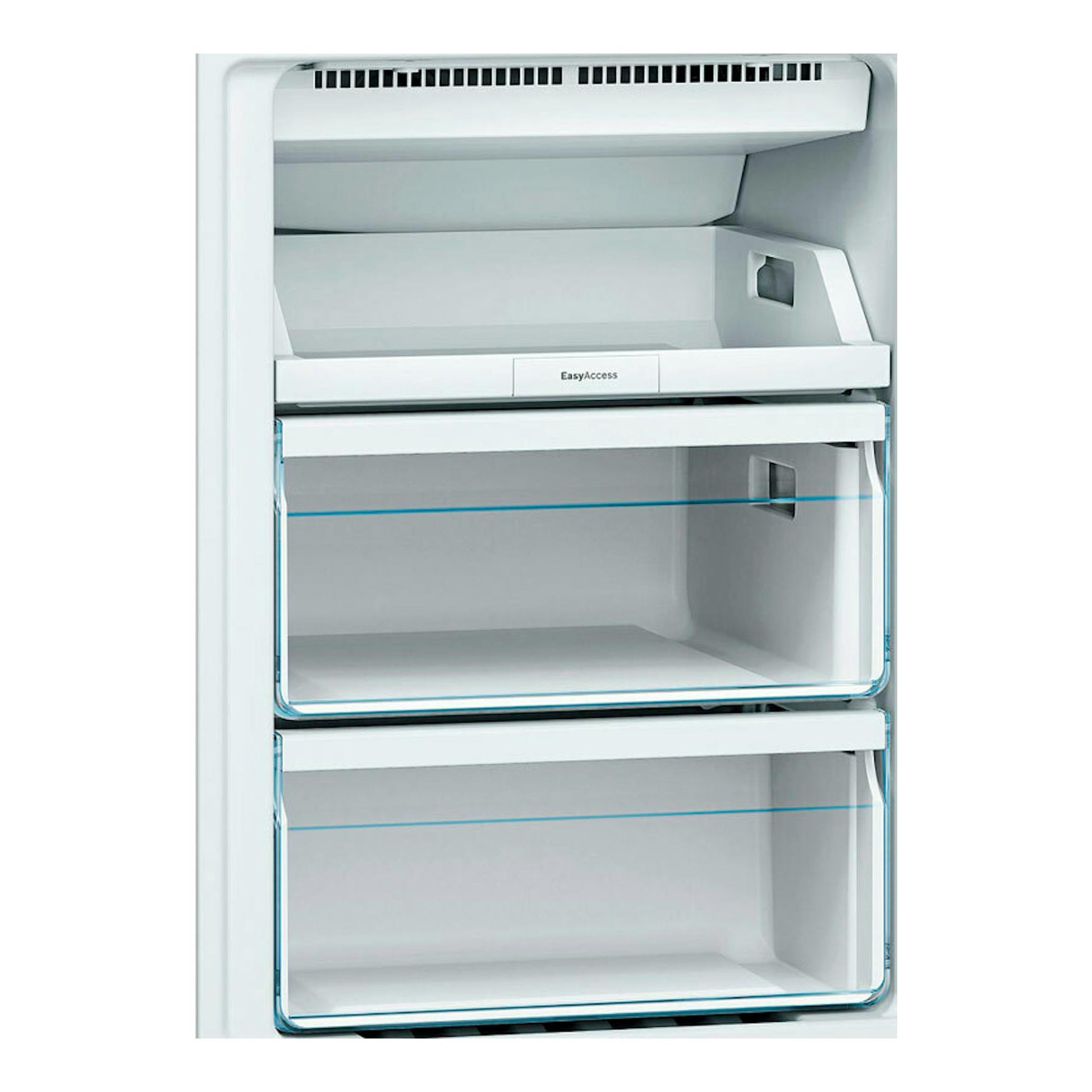 Frigorífico combi Bosch KGN36NWEA blanco, vista frontal con puerta abierta e interior con cajones transparentes.