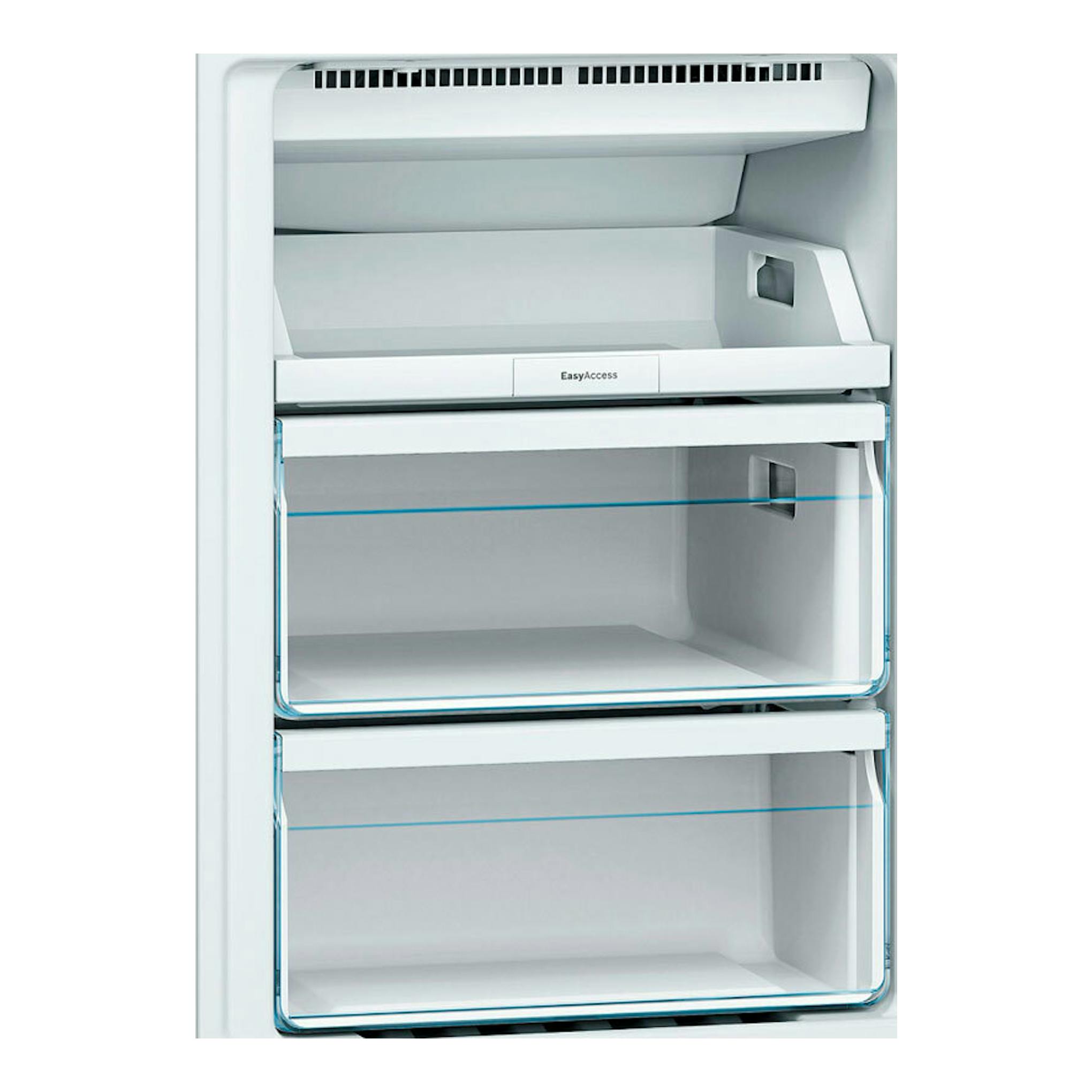 Frigorífico combi Bosch KGN36NWEA blanco, vista frontal con puerta abierta e interior con cajones transparentes.