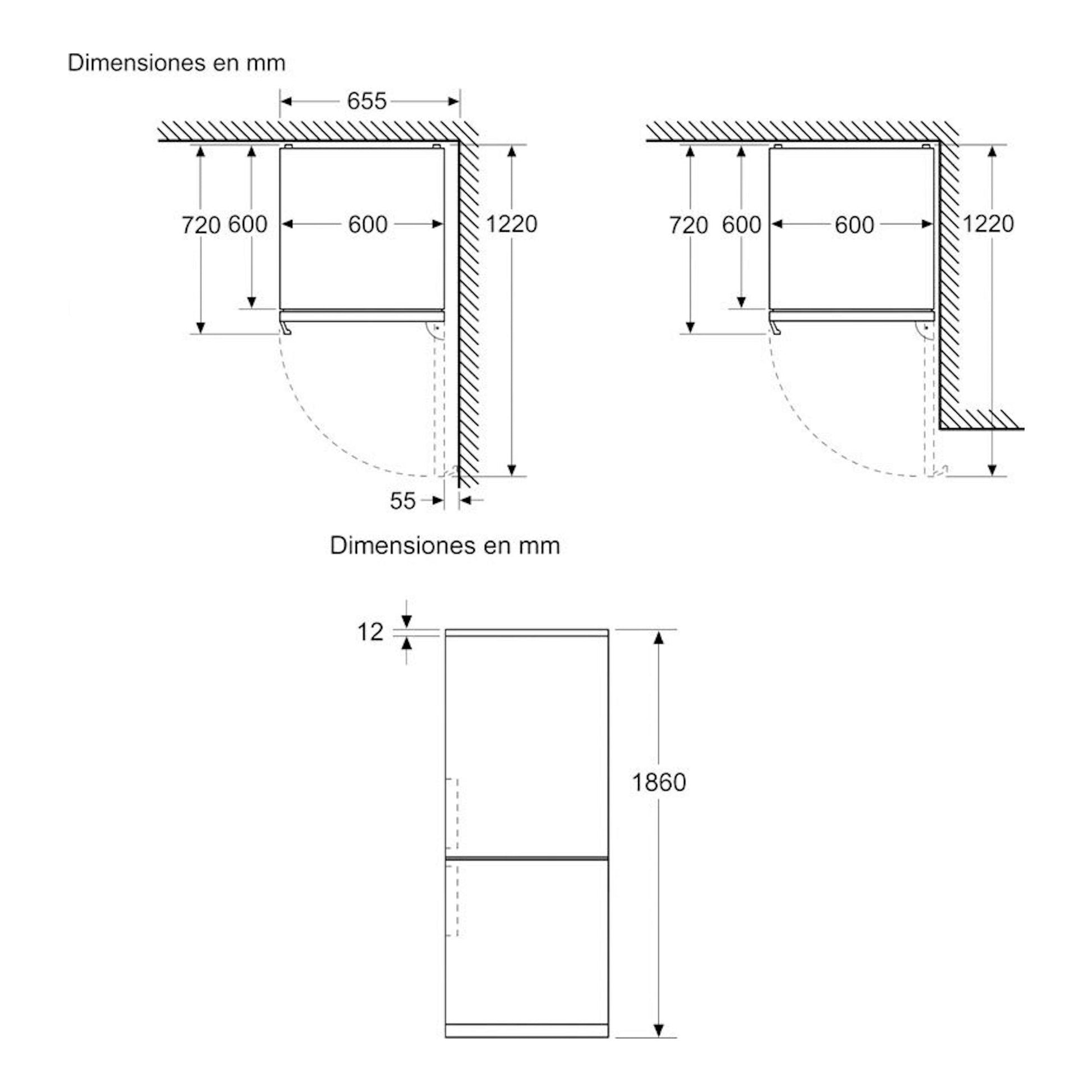 Bosch KGN36VIBT: esquema técnico de dimensiones de un frigorífico combi inox, vistas frontal y lateral.