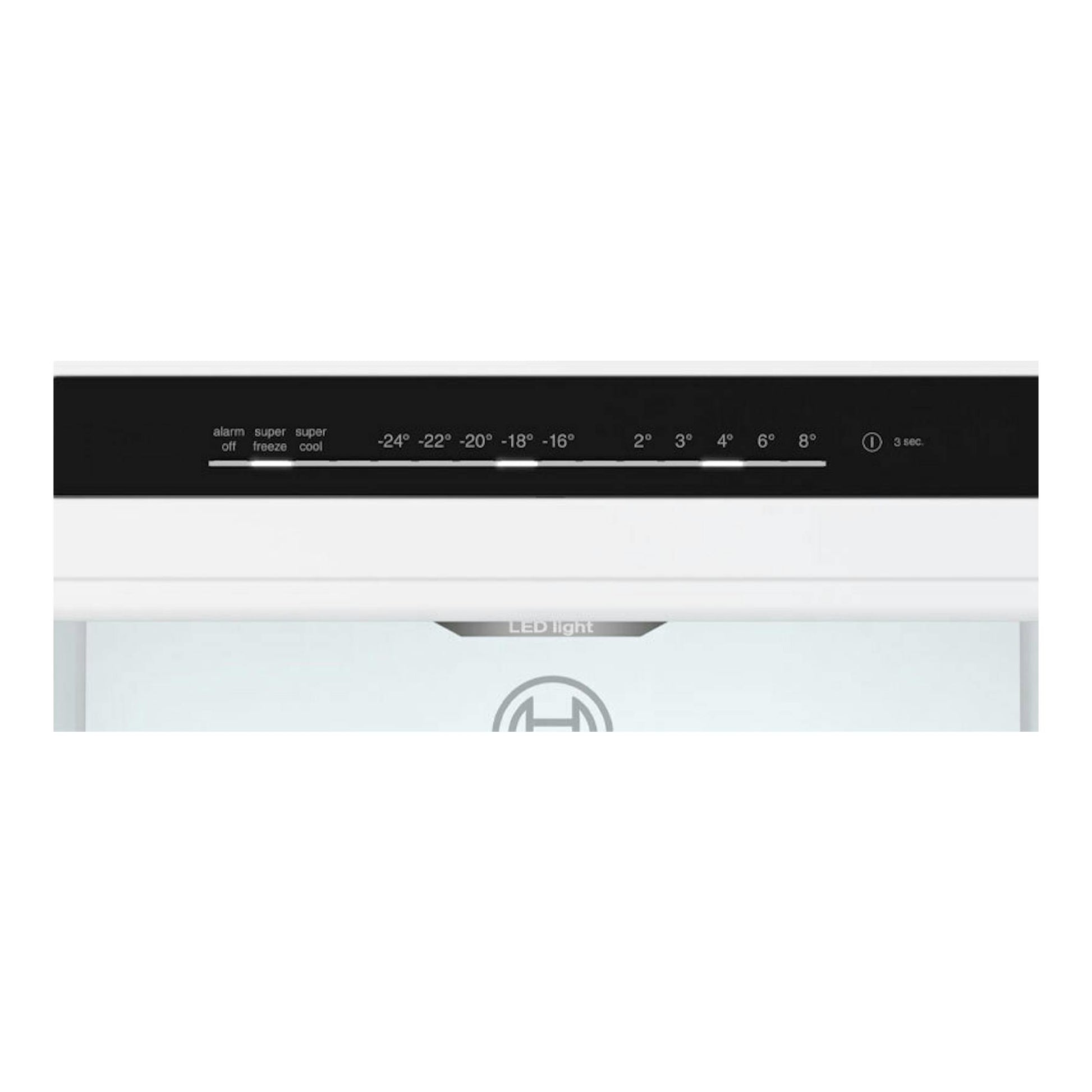 Bosch KGN36VIBT inox, primer plano del panel de control negro con temperaturas y LED light.