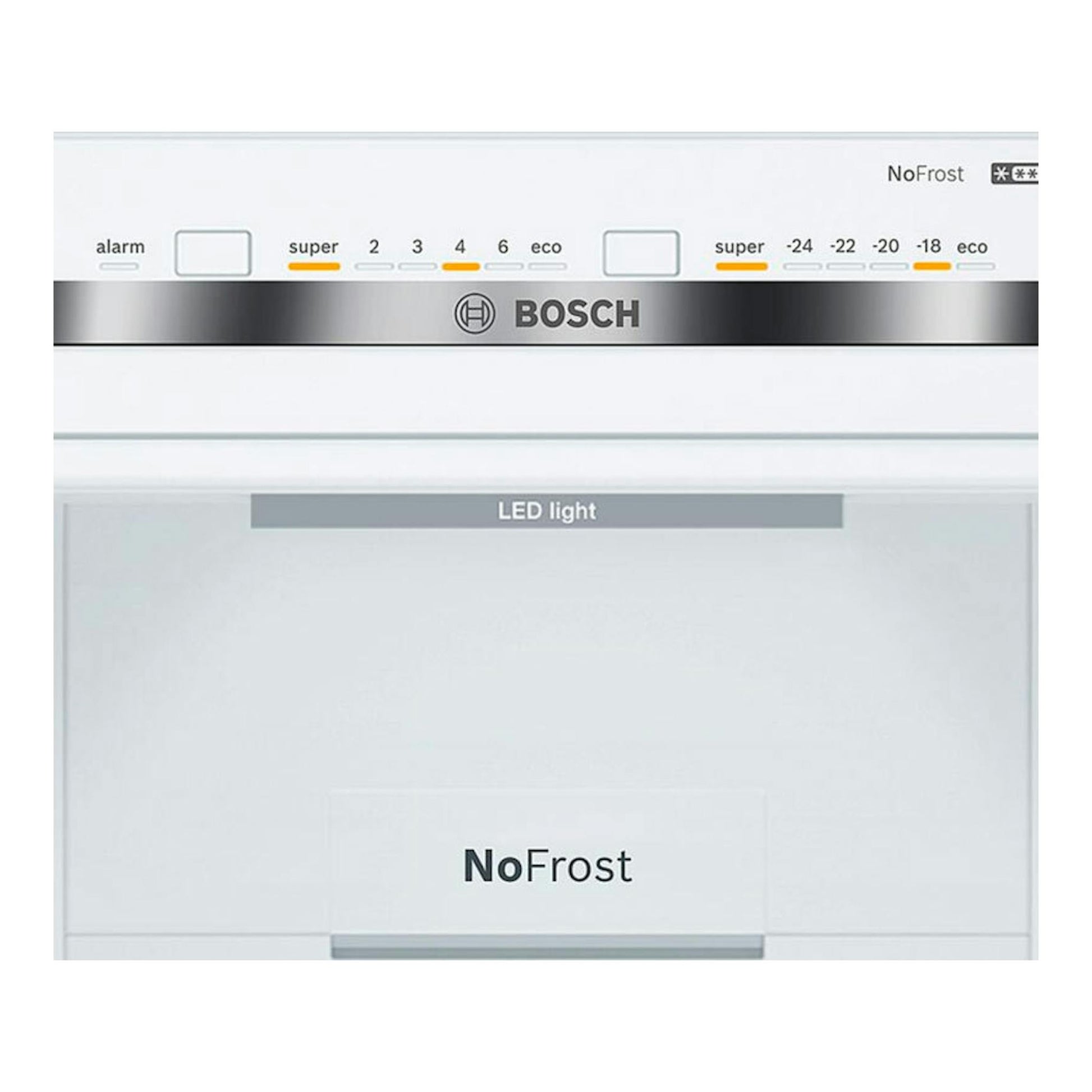 Vista frontal parcial de frigorífico Bosch KGN36VIDB inox, con panel NoFrost y LED light.