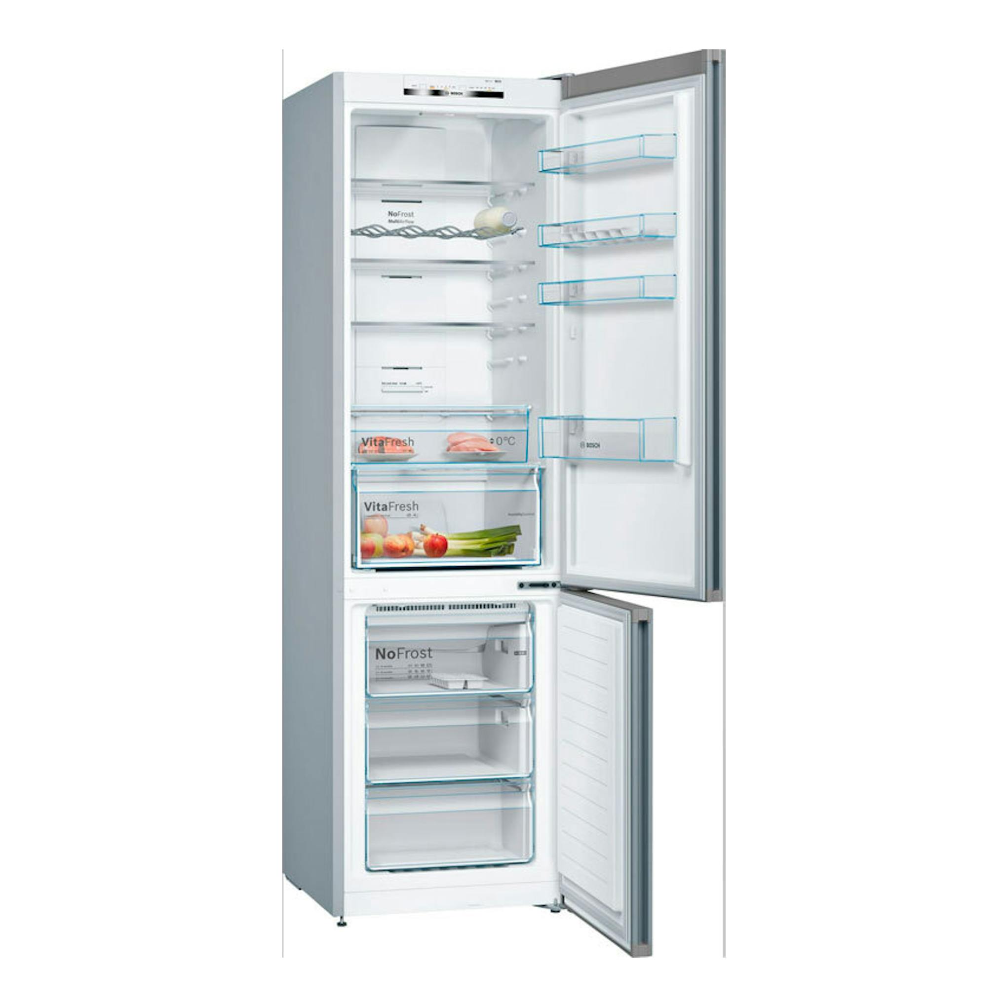 Frigorífico combi Bosch KGN36VIED de acero, vista frontal abierta, con dos puertas y cajones interiores.