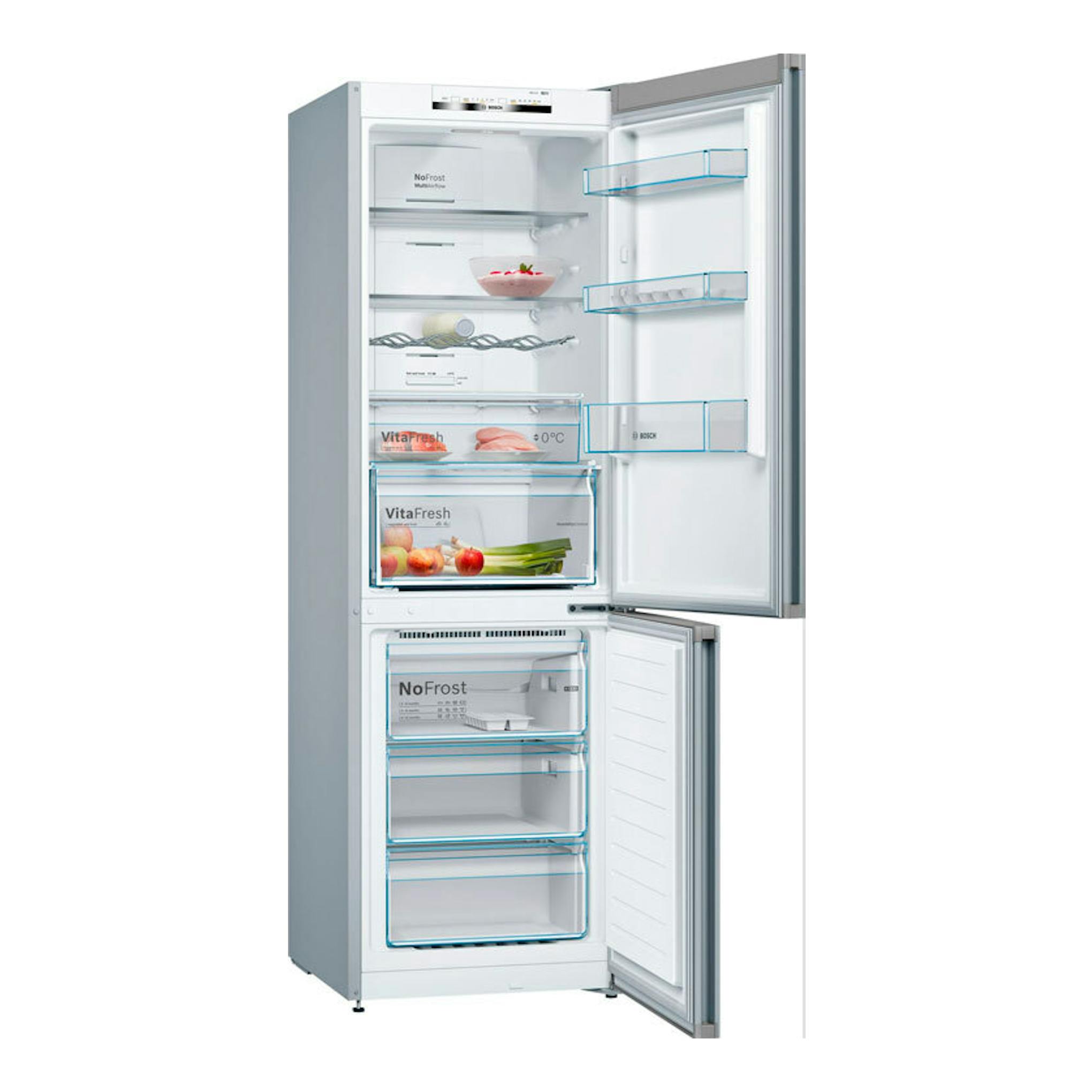 Frigorífico combi Bosch KGN36VLDB de acero, abierto en vista frontal, con interior y cajones visibles.