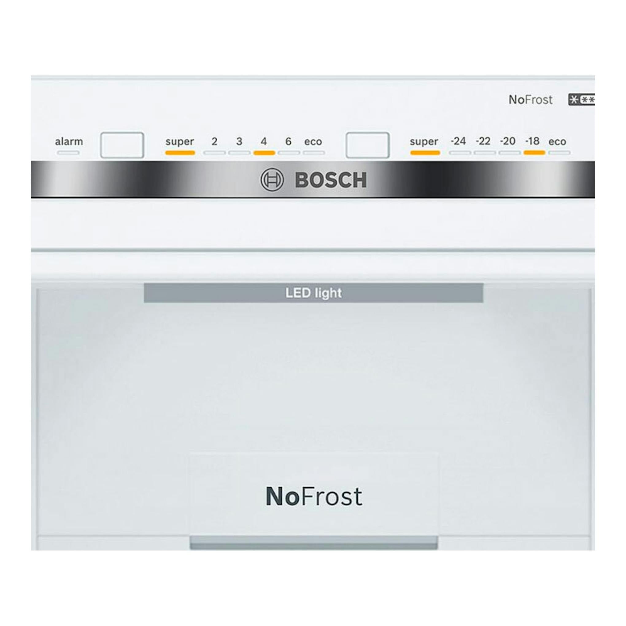 Frigorífico combi Bosch KGN36VLDB, vista frontal parcial en acero, con panel NoFrost y display LED.