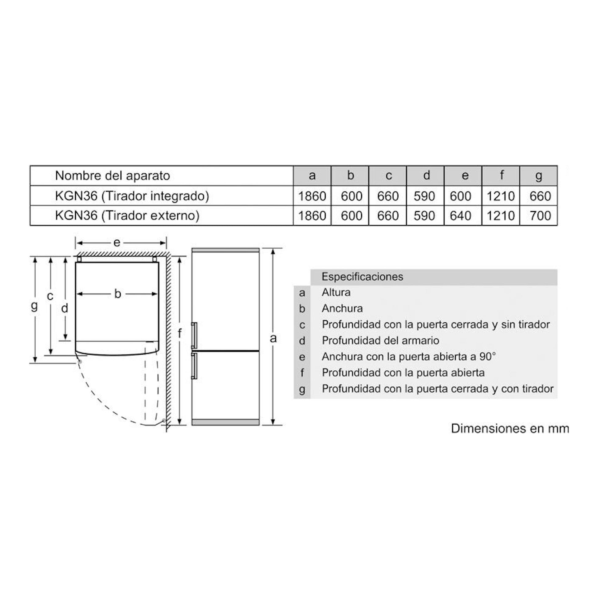 Bosch KGN36VWDB: esquema técnico frontal y lateral del frigorífico combi blanco con medidas.