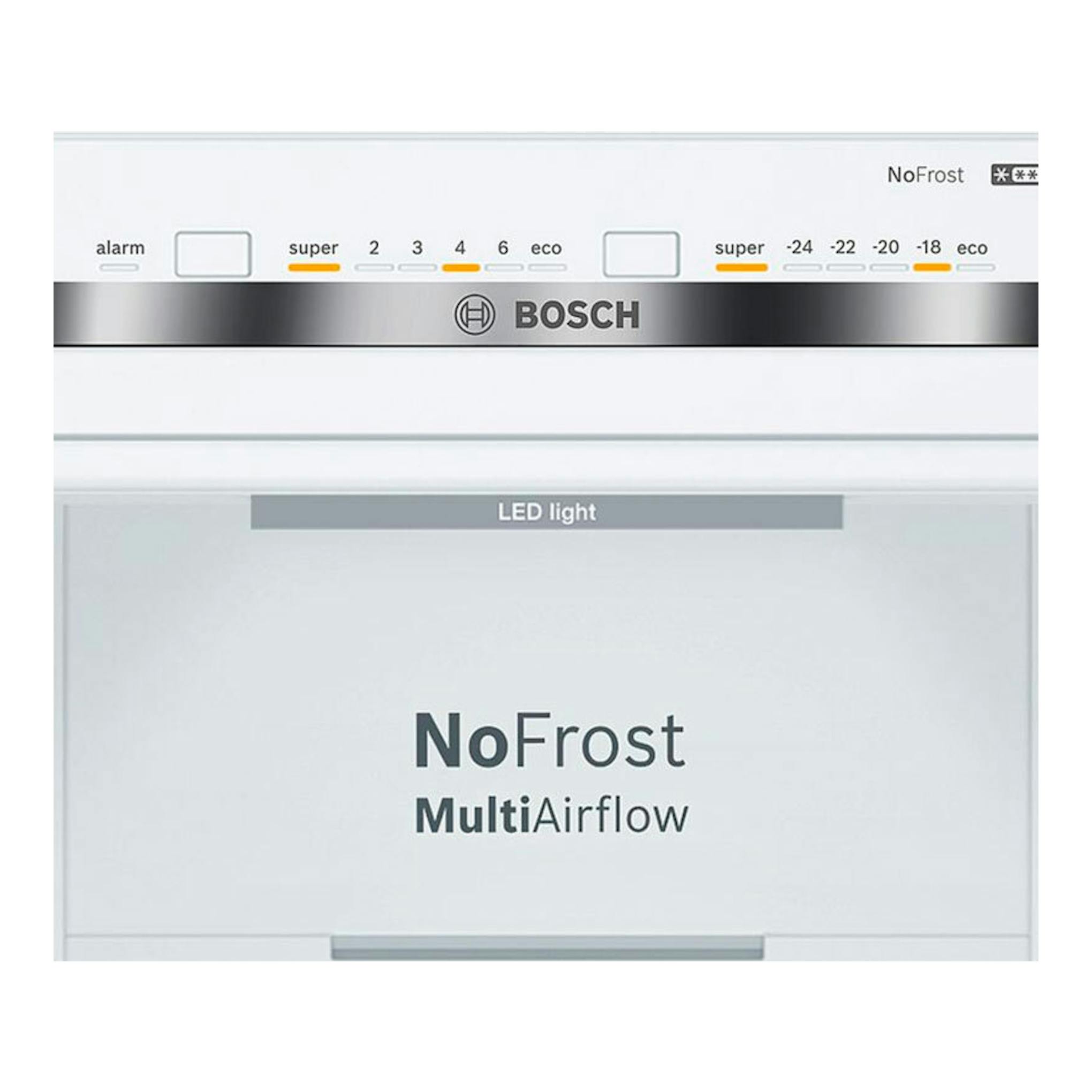 Frigorífico combi Bosch blanco, vista frontal, con panel superior y tecnologías NoFrost y MultiAirflow.