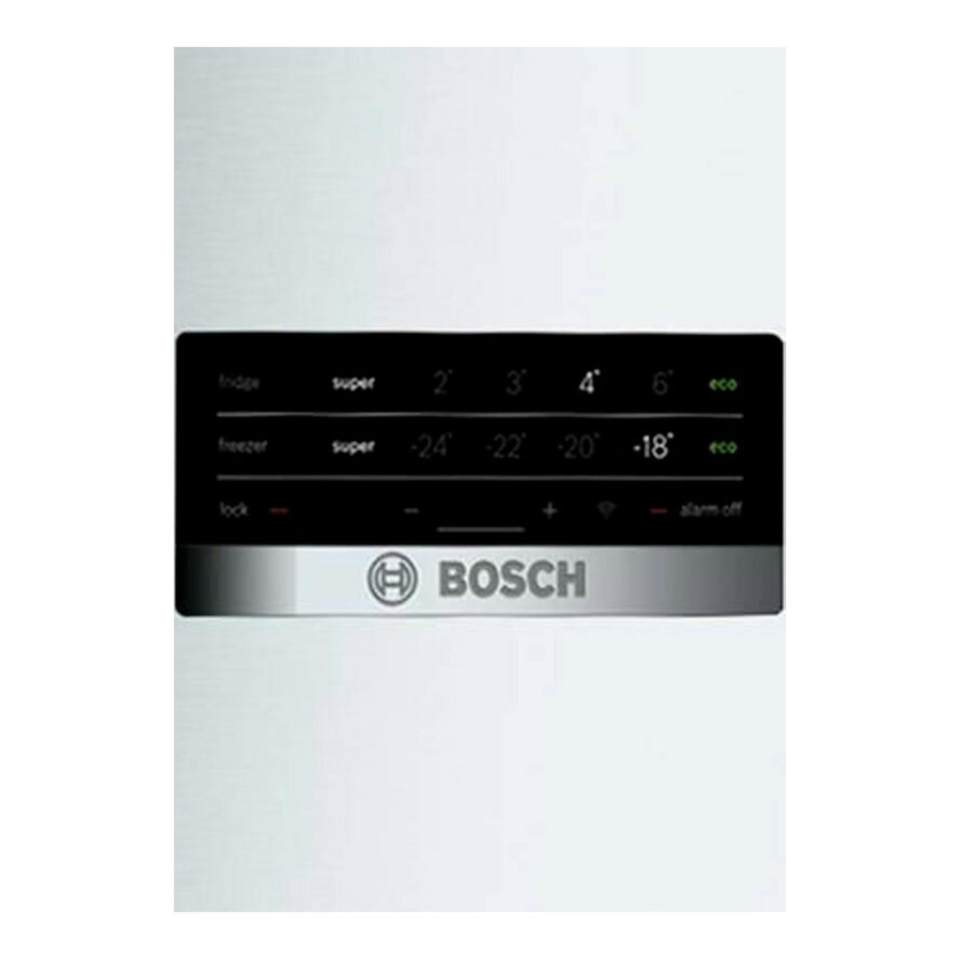 Frigorífico combi Bosch KGN36XIDP inox, vista frontal de panel de control negro sobre puerta plateada.