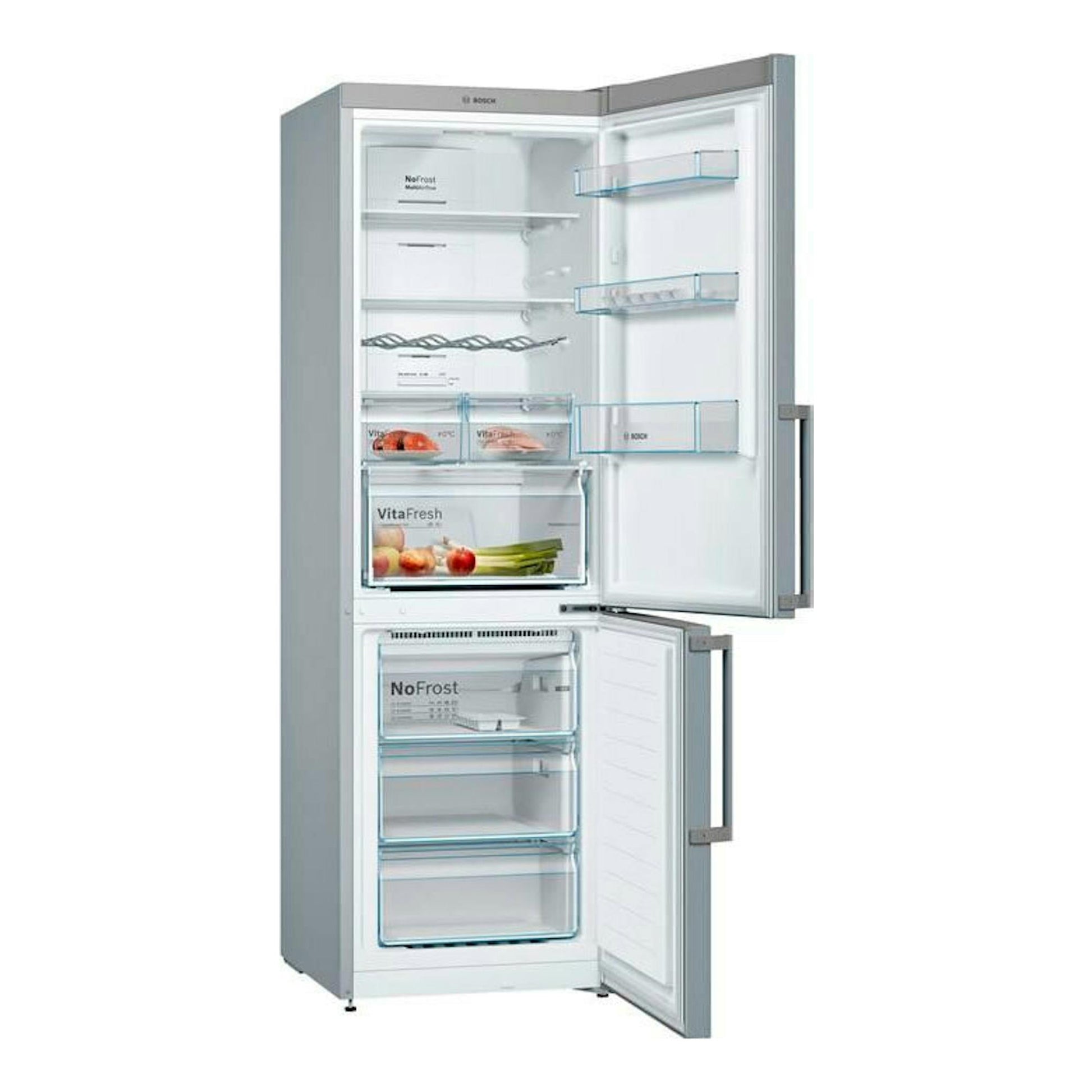 Frigorífico combi Bosch KGN36XIEP inox, vista frontal con puertas abiertas y compartimentos visibles.