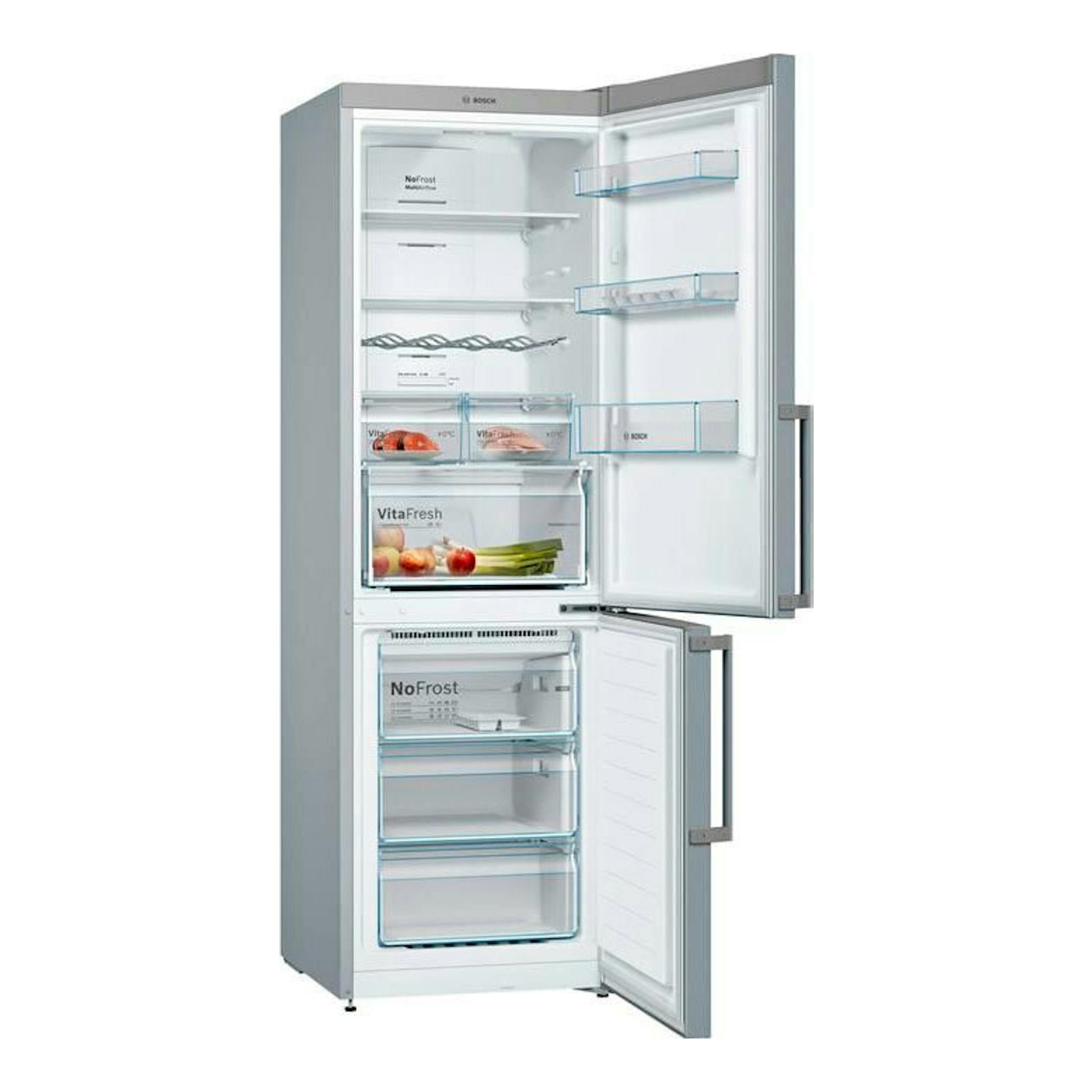Frigorífico combi Bosch KGN36XIEP inox, vista frontal con puertas abiertas y compartimentos visibles.