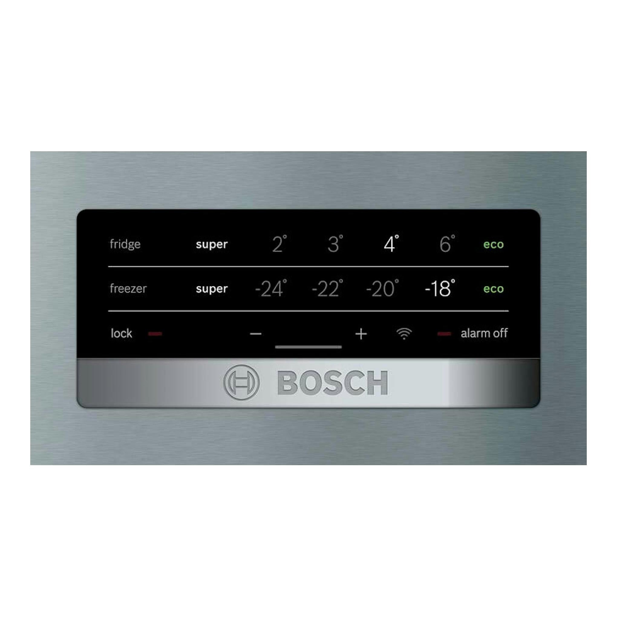 Primer plano del panel de control de un frigorífico Bosch KGN36XIEP en inox, con temperaturas y funciones.