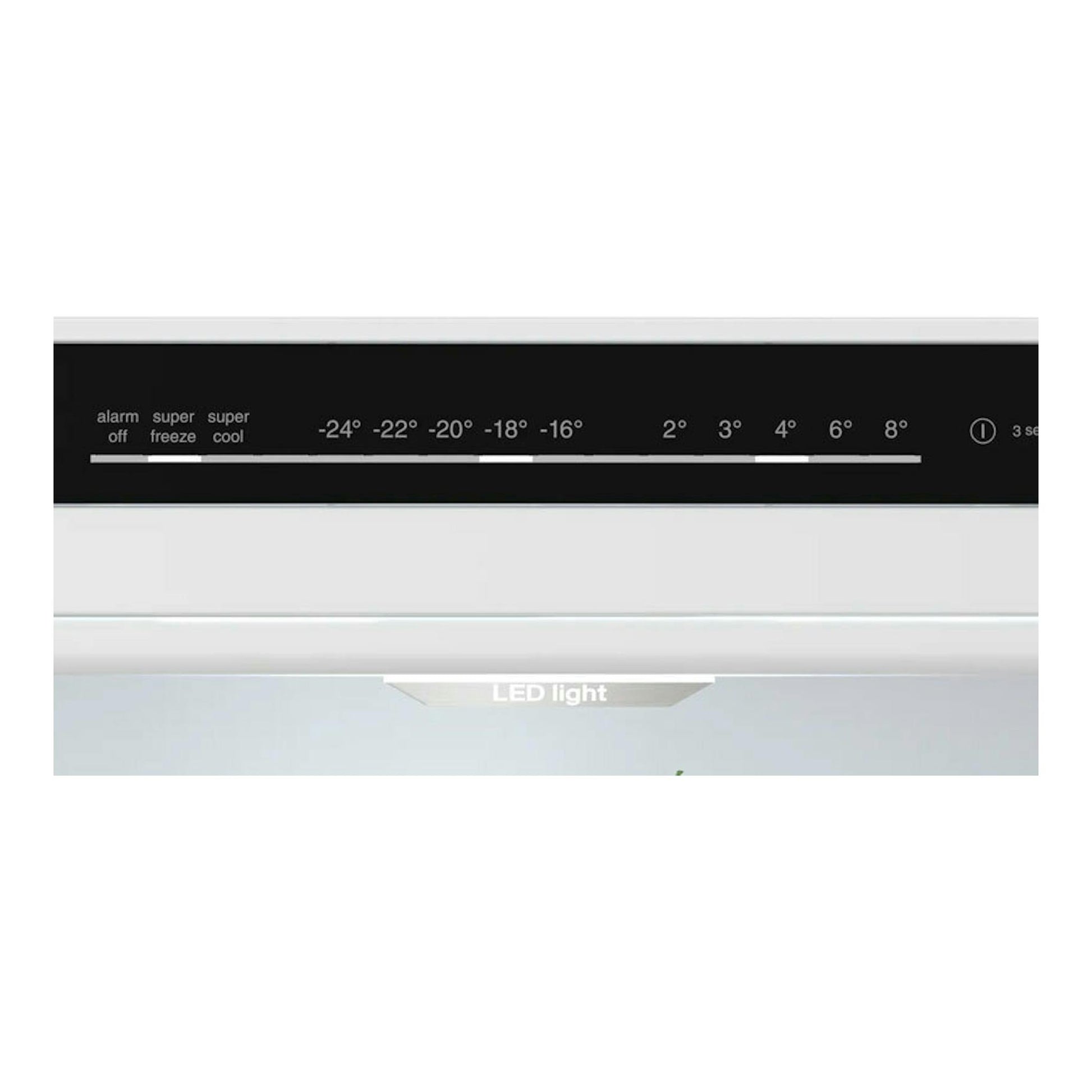 Frigorífico Bosch KGN392I1F inox, vista frontal parcial del panel de control y luz LED.