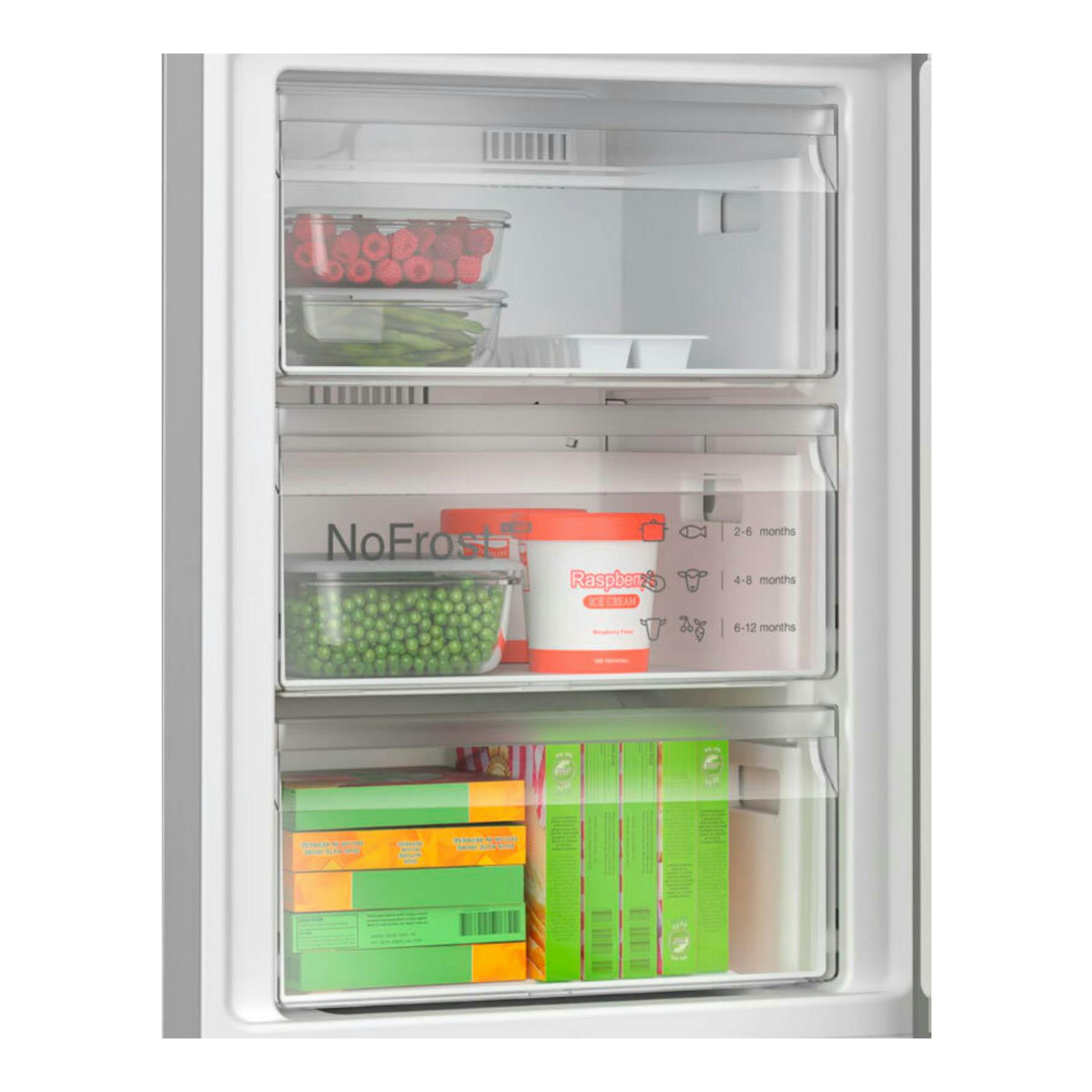 Interior del congelador Bosch KGN392ICF Inox, vista frontal con tres cajones abiertos y alimentos.