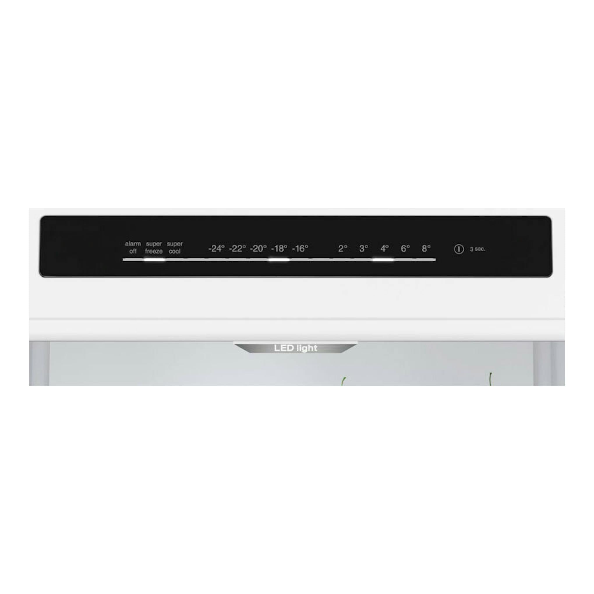 Frigorífico combi Bosch KGN392WCF blanco, vista frontal parcial con panel negro y luz LED interior.