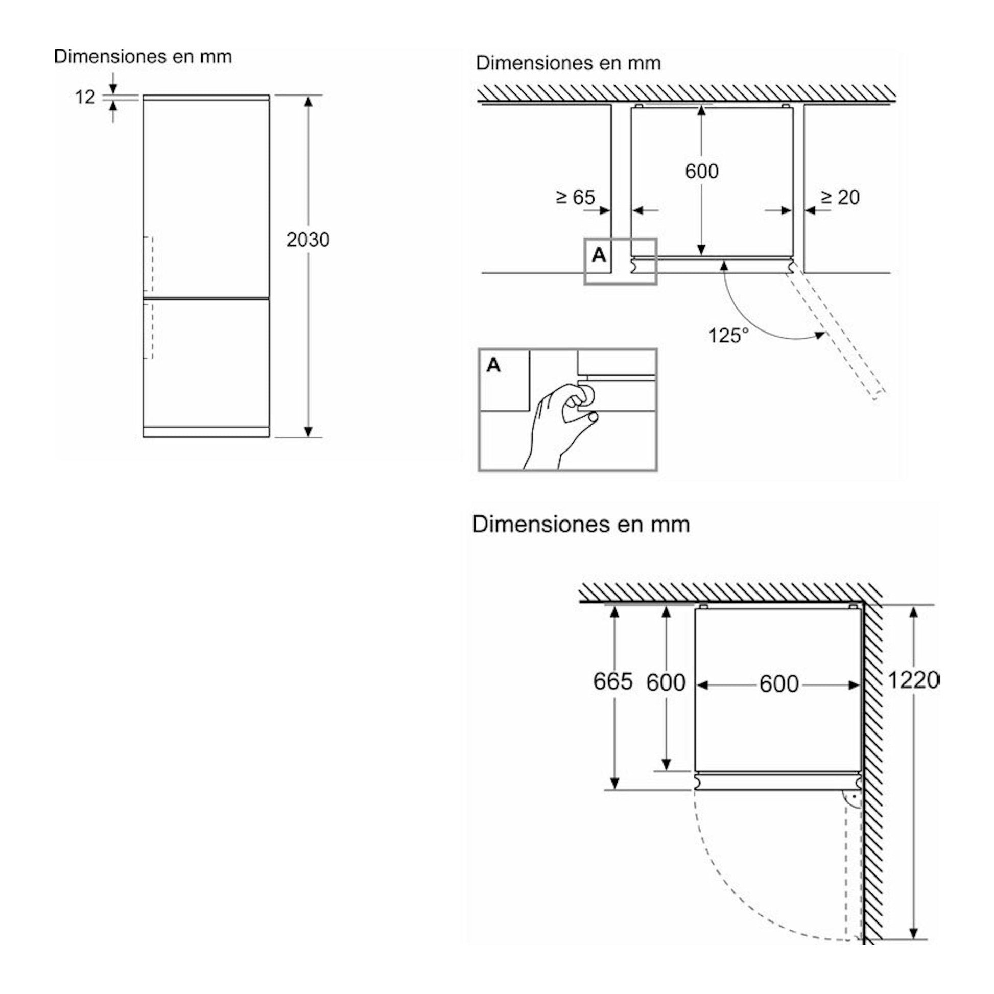 Esquema técnico del frigorífico combi Bosch KGN392XCF en acero negro, con medidas en mm y vista frontal/superior.