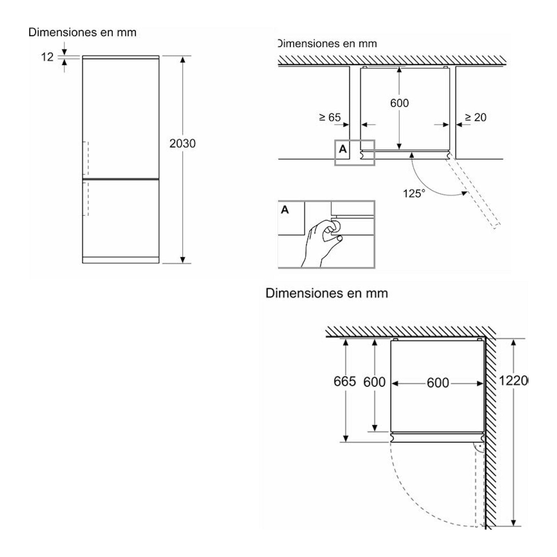 Bosch KGN394ICF: esquema técnico en blanco y negro de dimensiones de un frigorífico combi, vista frontal y lateral.