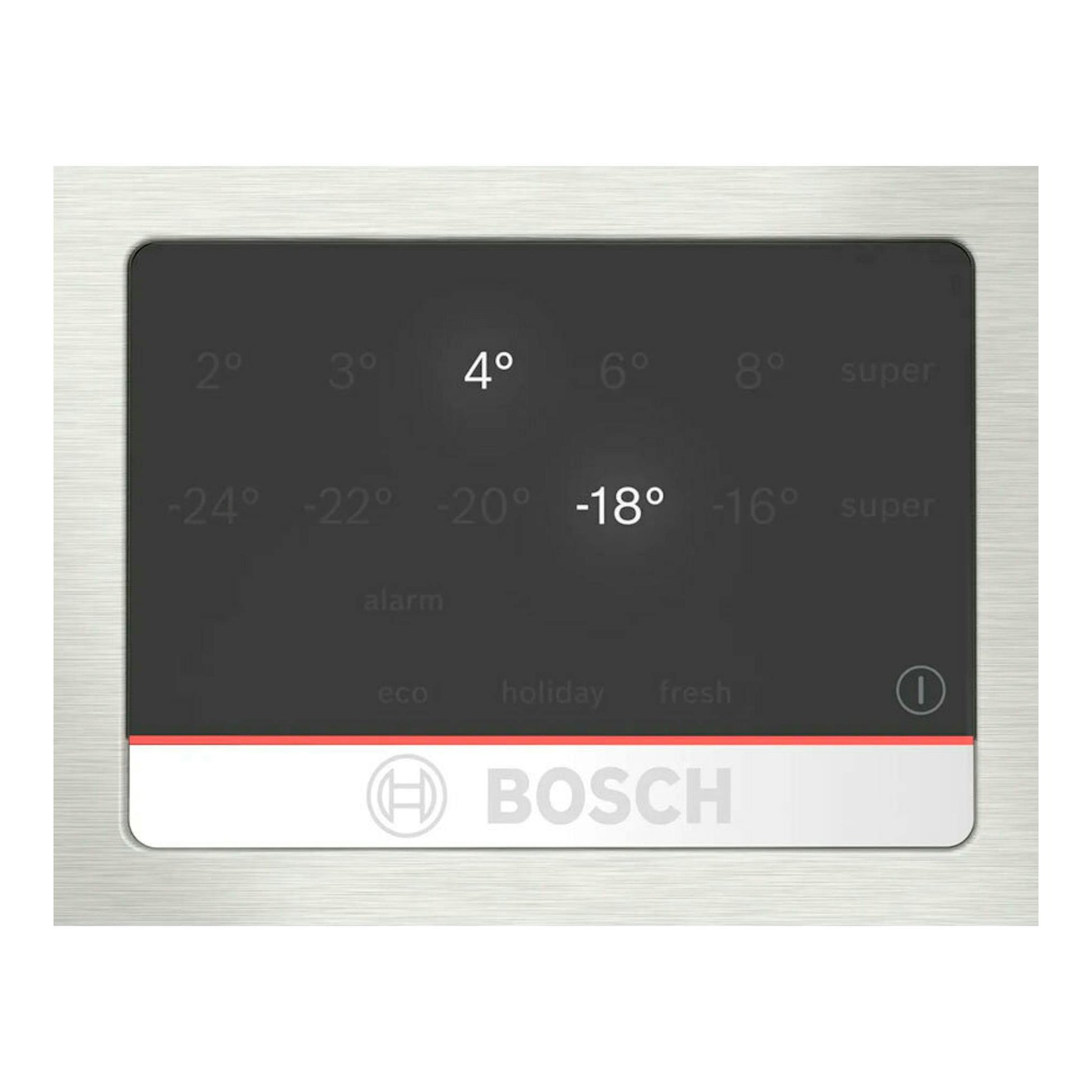 Panel táctil de frigorífico Bosch KGN394ICF en inox, con 4° y -18° seleccionados.