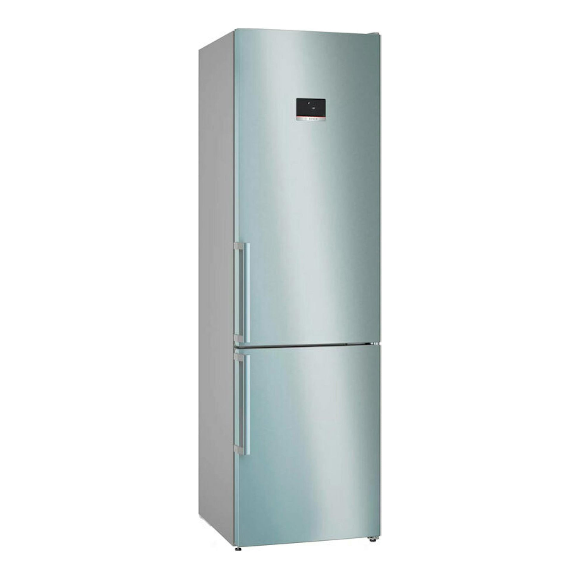 Frigorífico combi Bosch KGN397ICT inox, vista frontal en ángulo, con dos puertas y tiradores verticales.