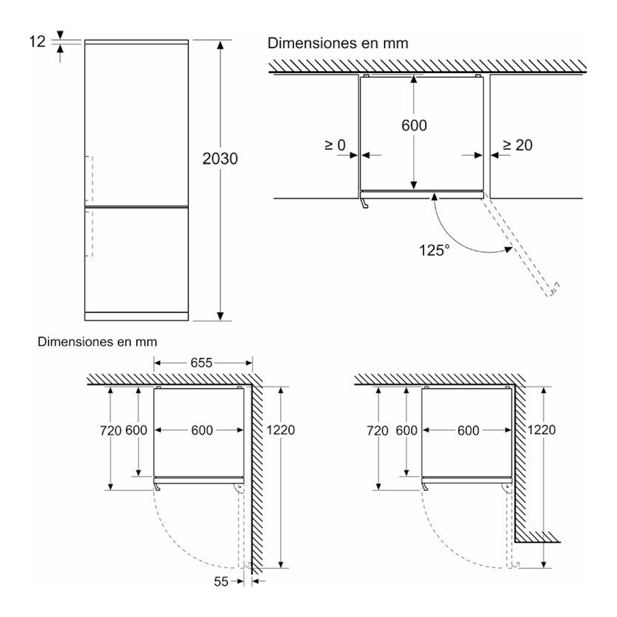 Esquema de dimensiones del frigorífico combi Bosch KGN397ICT Inox, con vistas frontal y lateral.