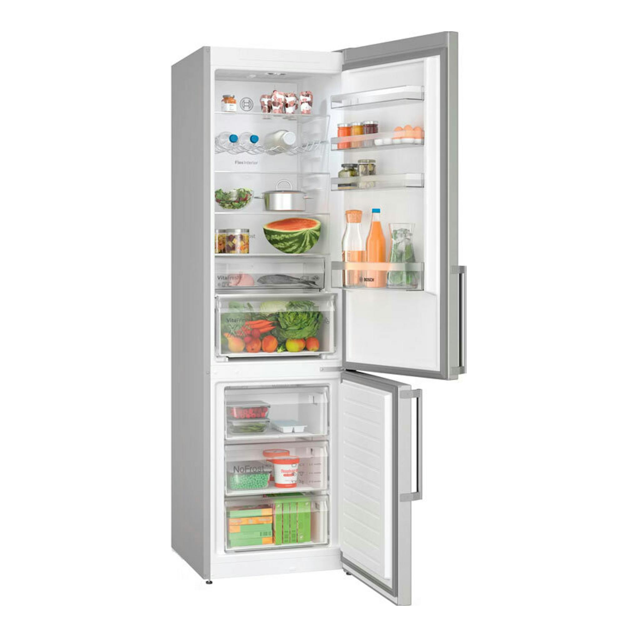 Frigorífico combi Bosch KGN397ICT Inox, vista frontal en tres cuartos, puertas abiertas, interior blanco.