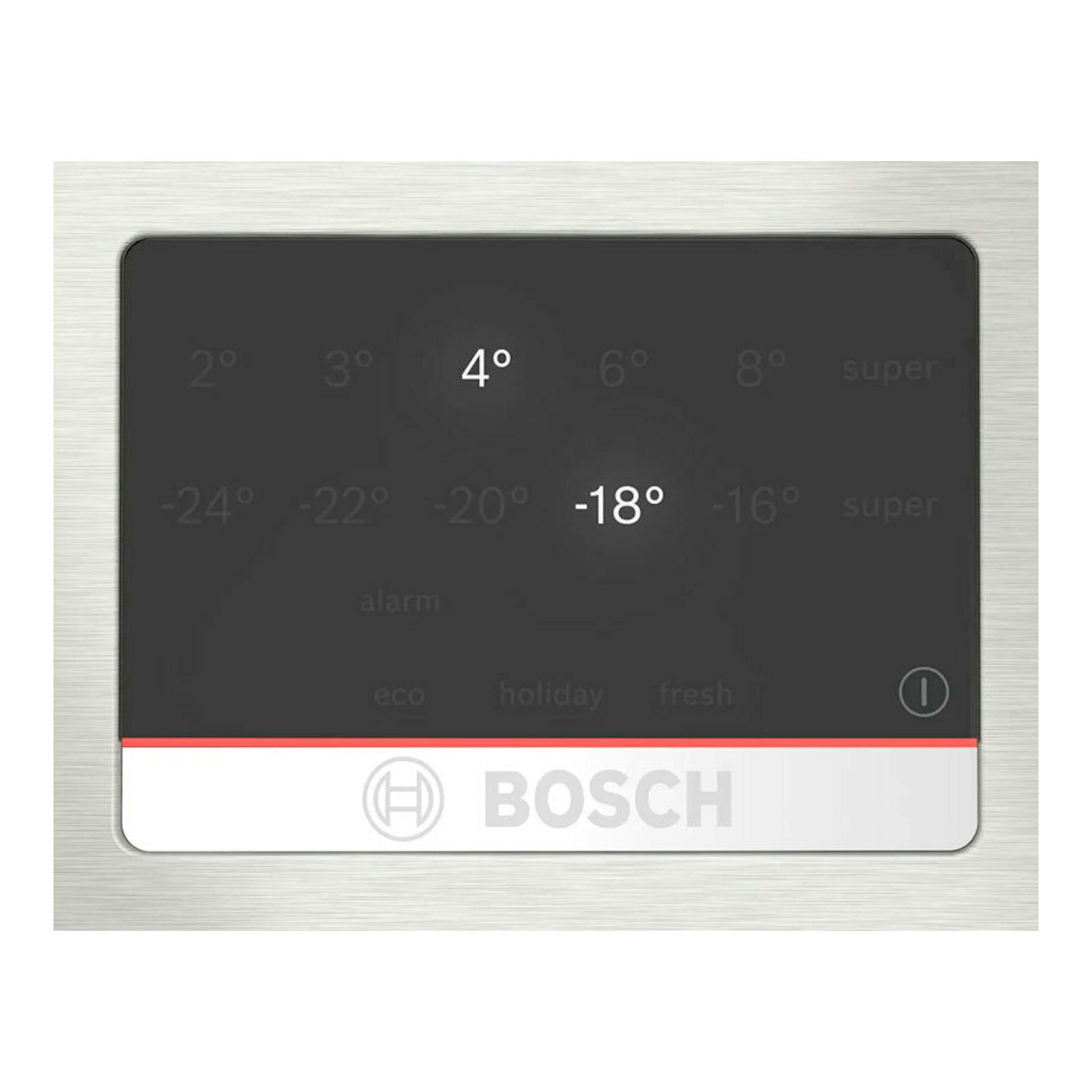 Panel táctil de frigorífico Bosch KGN397ICT en inox, con temperaturas 4° y -18° visibles.
