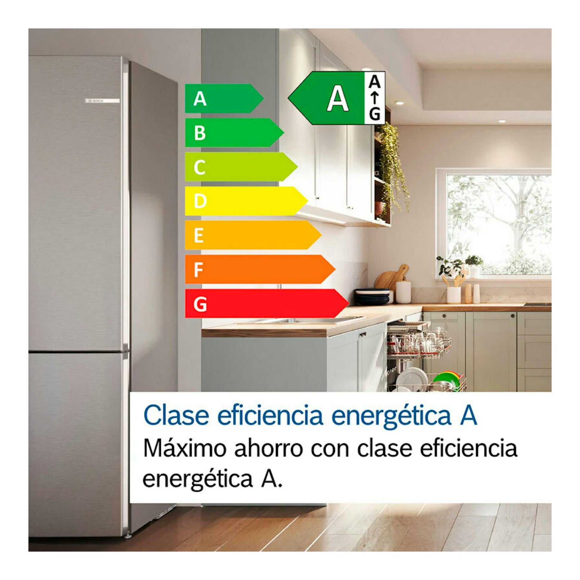 Frigorífico combi Bosch KGN39AIAU inox, vista frontal en cocina, con etiqueta energética A.