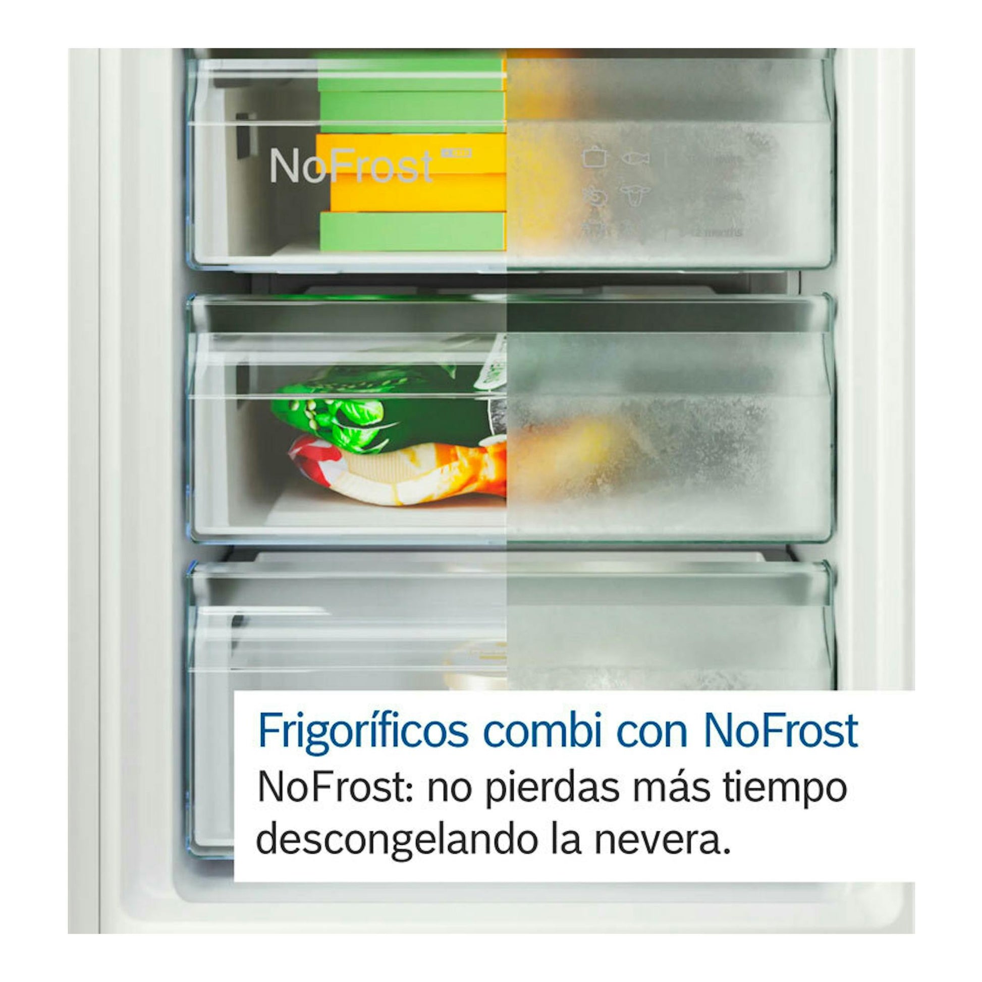 Vista frontal de los cajones de un frigorífico combi Bosch KGN39AIBT Inox, con texto NoFrost.