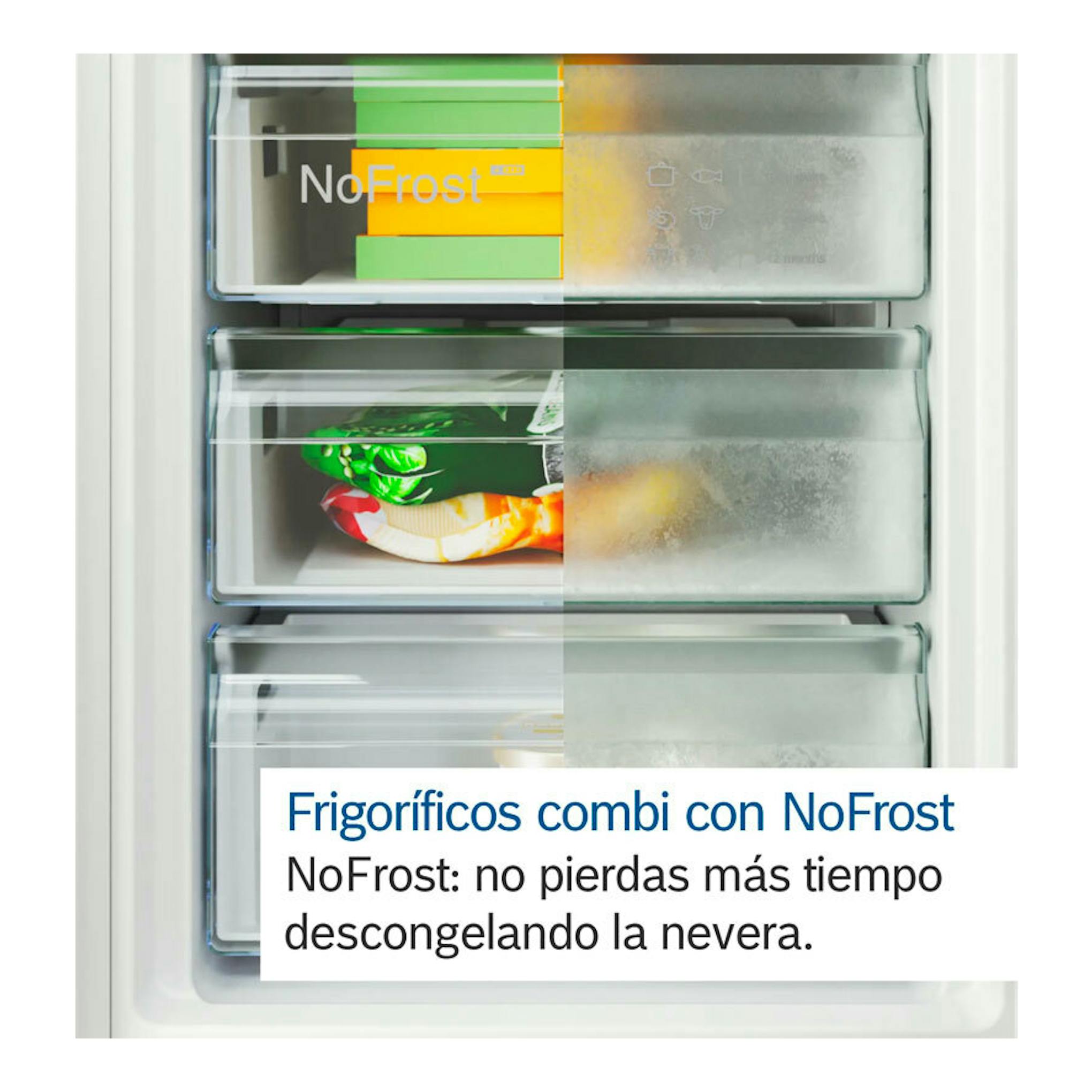 Vista frontal de los cajones de un frigorífico combi Bosch KGN39AIBT Inox, con texto NoFrost.