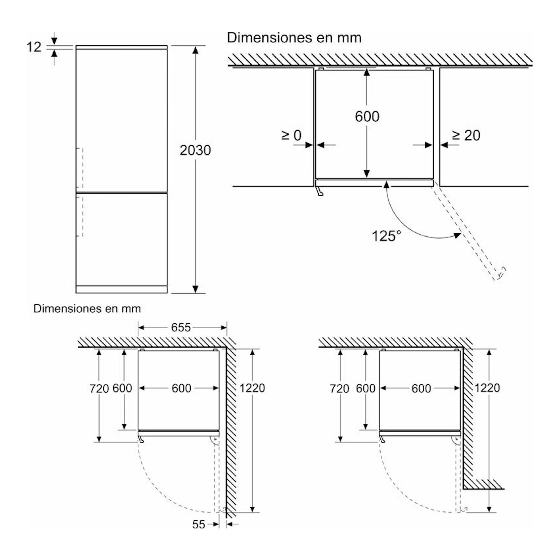 Bosch KGN39AIBT Inox, esquema de dimensiones de frigorífico combi en vistas frontal y lateral.