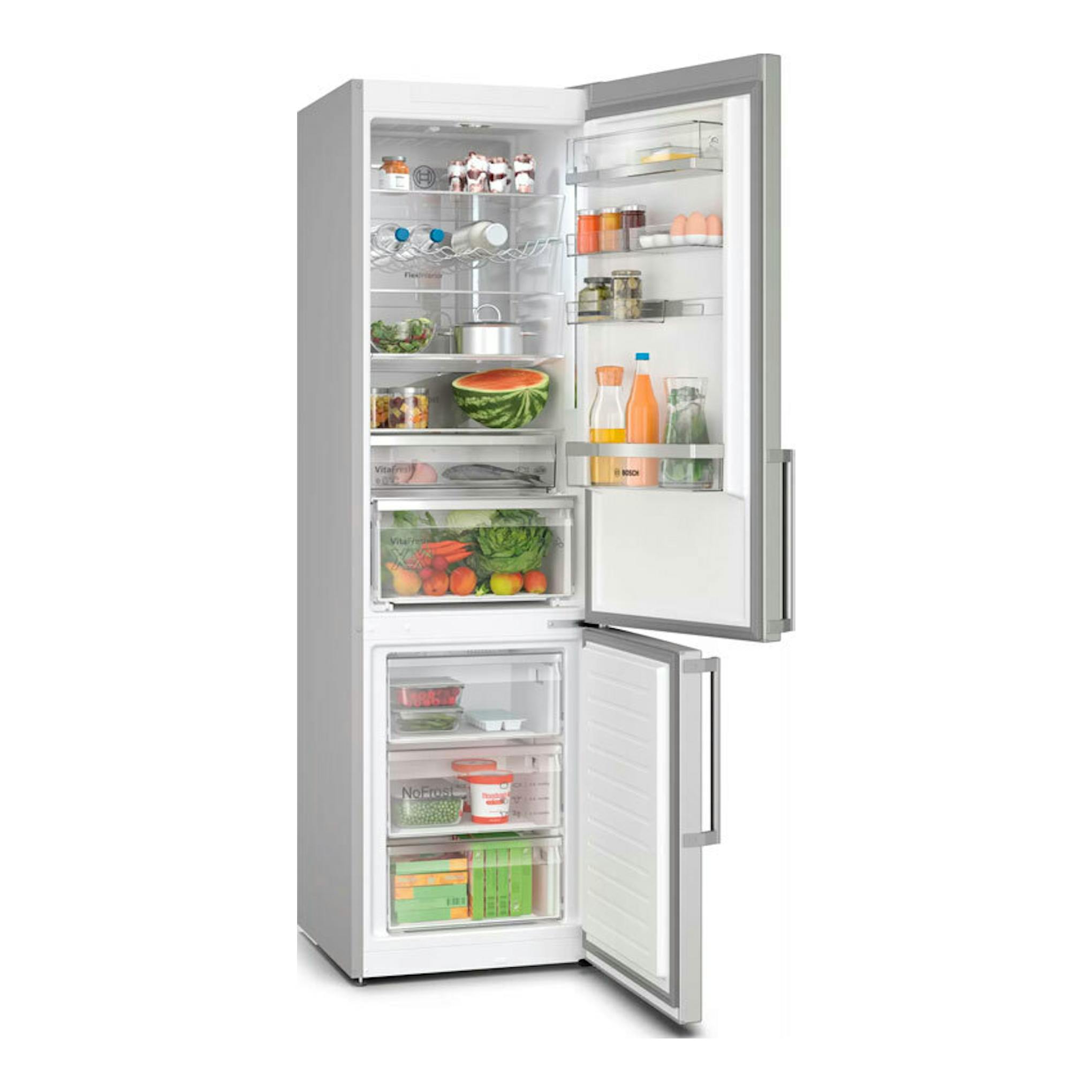 Frigorífico combi Bosch KGN39AIBT inox, vista frontal, con puertas abiertas y compartimentos visibles.