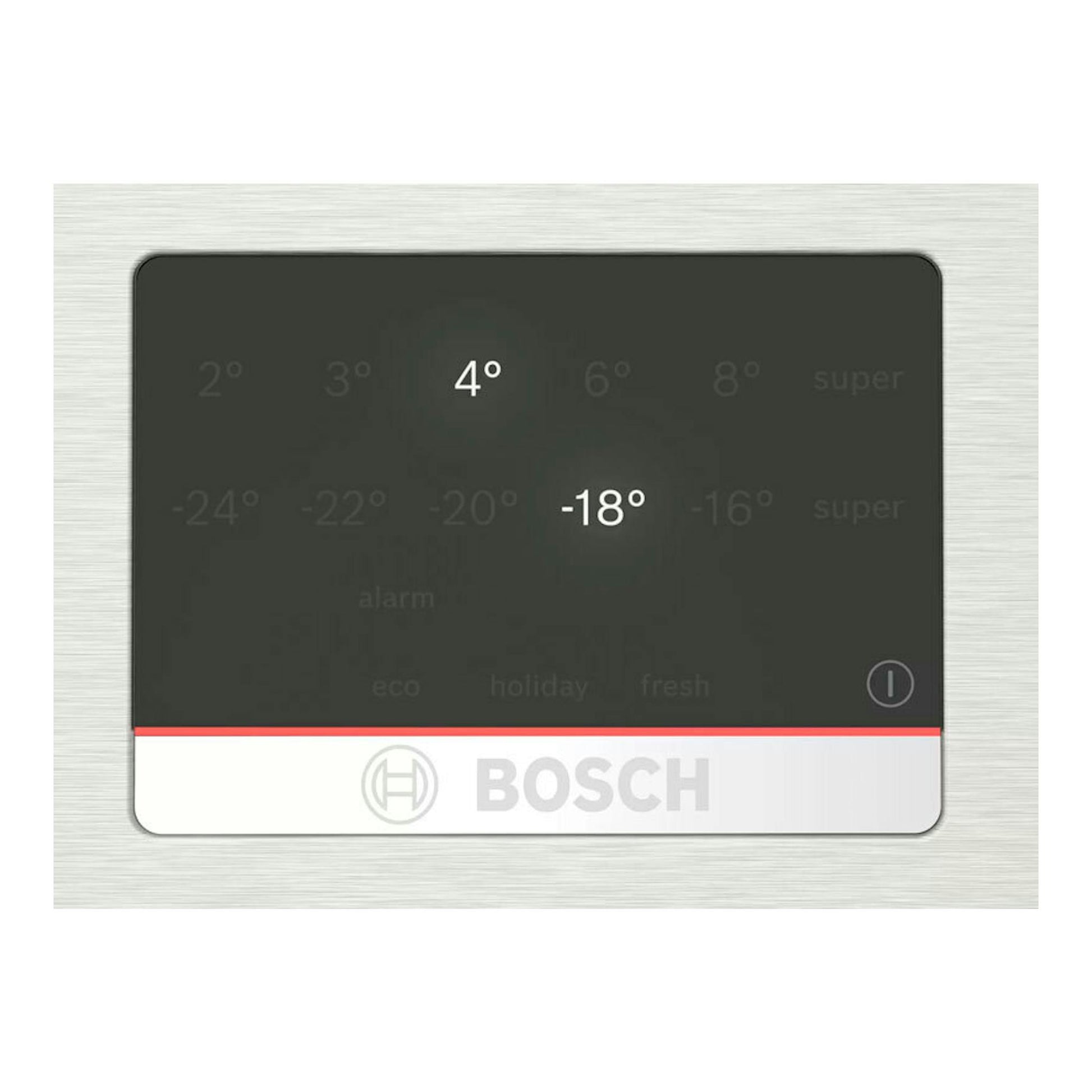 Panel de control frontal de frigorífico Bosch KGN39AIBT inox, con display negro y temperaturas 4° y -18°.