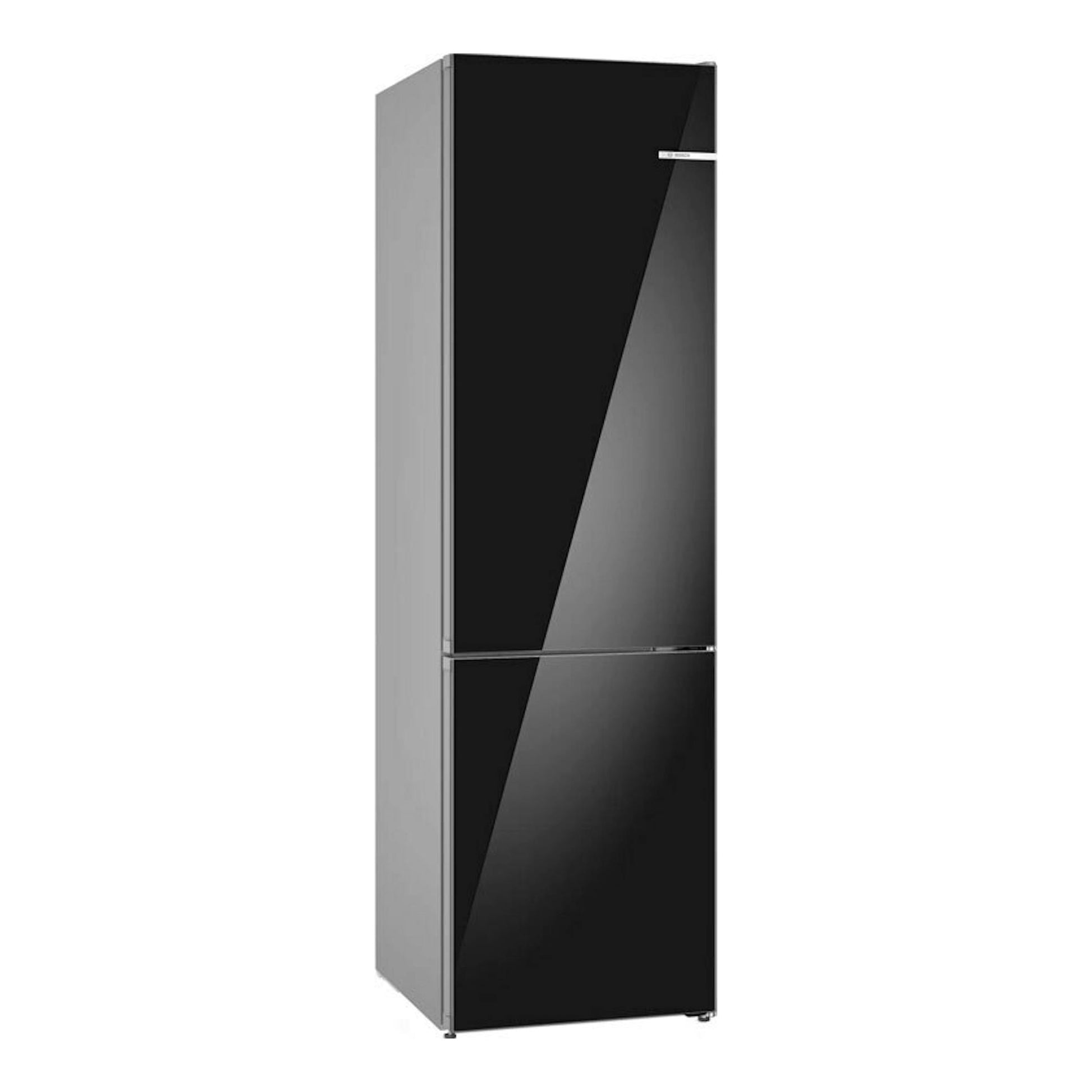 Frigorífico combi Bosch KGN39LBCF negro, vista frontal en ángulo, con puertas negras y laterales grises.