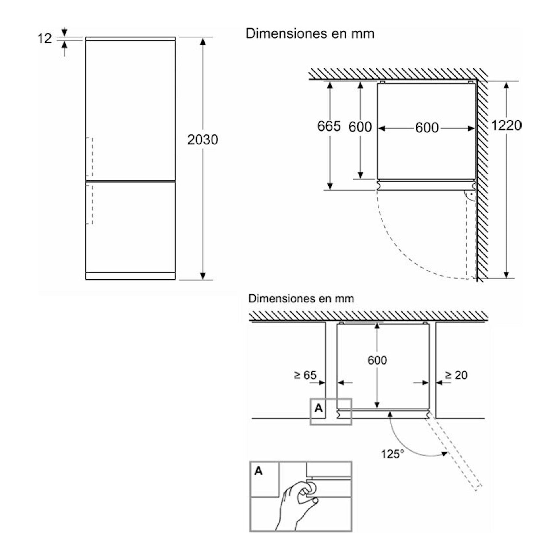 Bosch KGN39LBCF: esquema técnico en blanco y negro con medidas y apertura de un frigorífico combi.