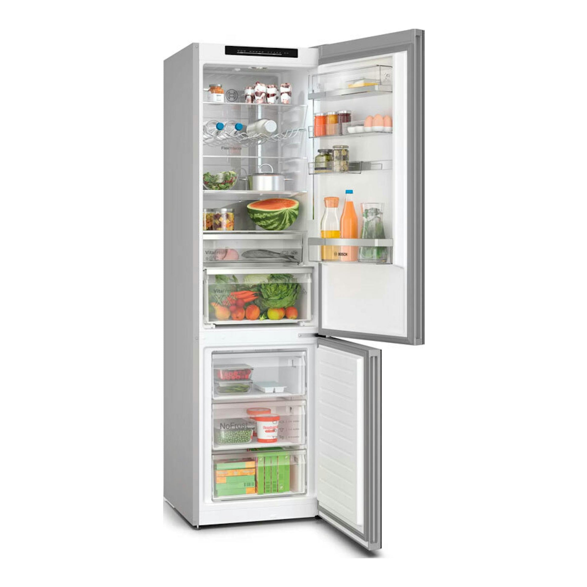 Frigorífico combi Bosch KGN39LBCF gris, vista frontal con puertas abiertas y compartimentos visibles.