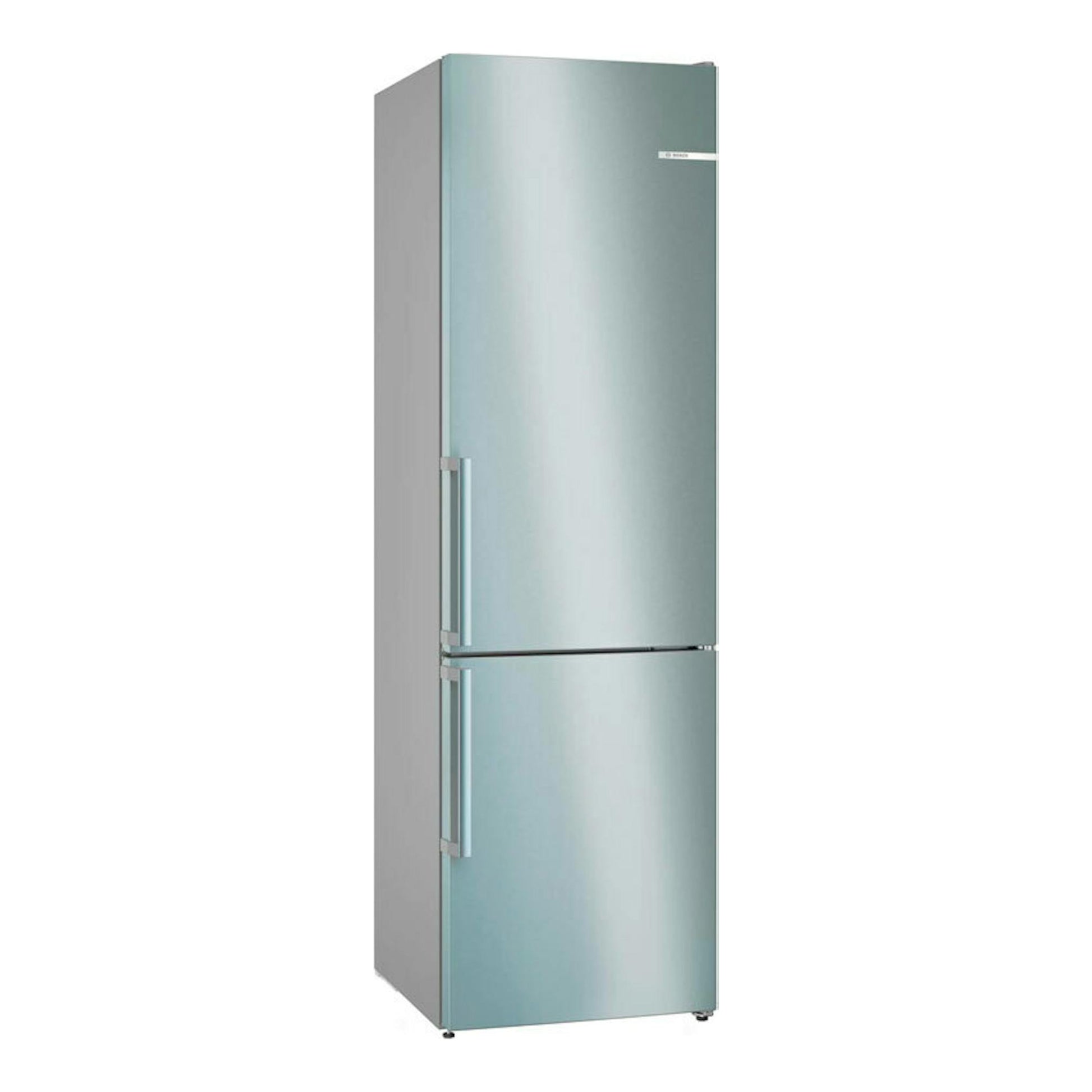Frigorífico combi Bosch KGN39VIBT en acero inoxidable, vista frontal ligeramente en ángulo.