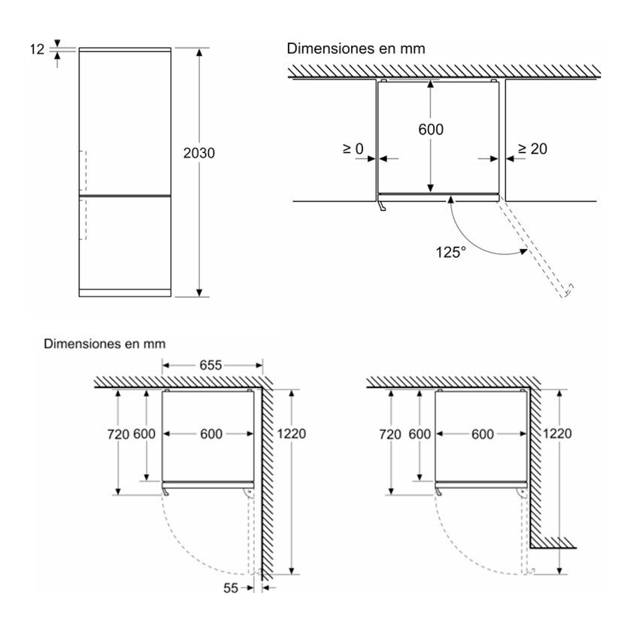 Bosch KGN39VIBT, esquema técnico de frigorífico combi inox con vistas frontal y lateral y medidas en mm.
