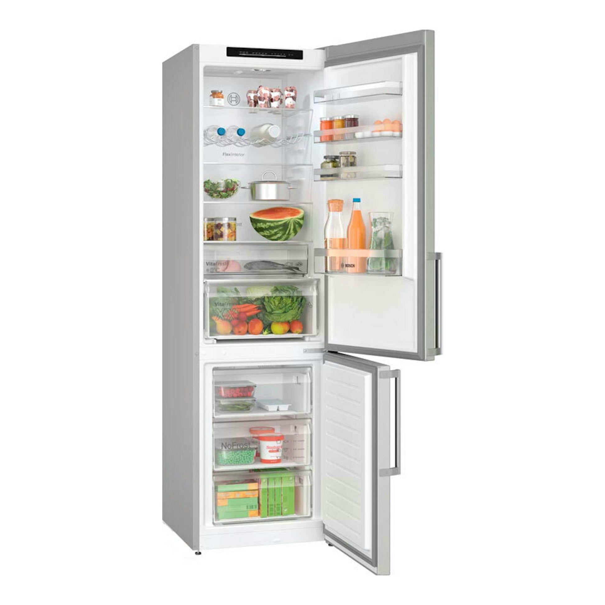 Frigorífico combi Bosch KGN39VIBT inox, vista frontal con puertas abiertas y compartimentos visibles.