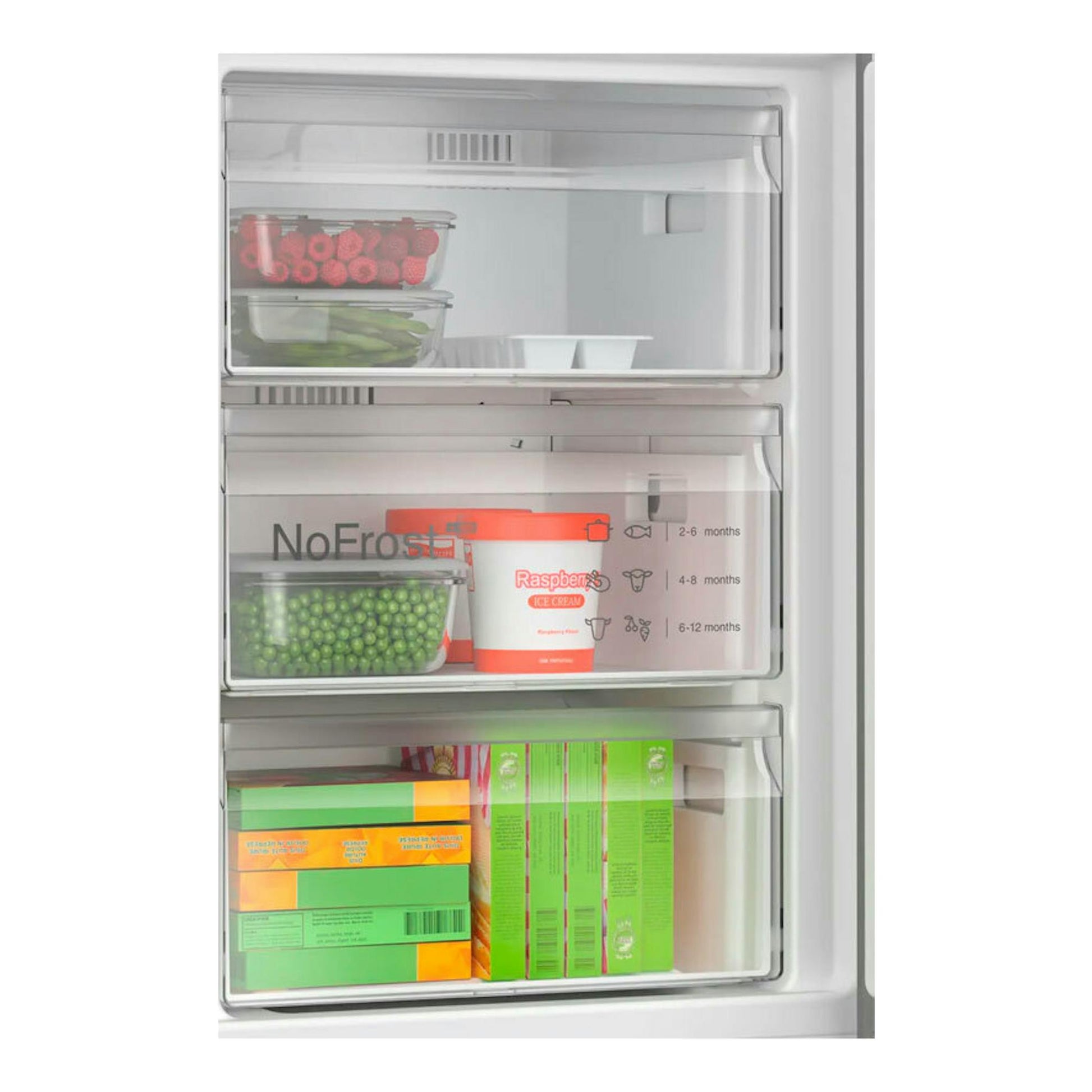 Interior del congelador Bosch KGN39VIBT Inox, con cajones transparentes y alimentos, vista frontal.