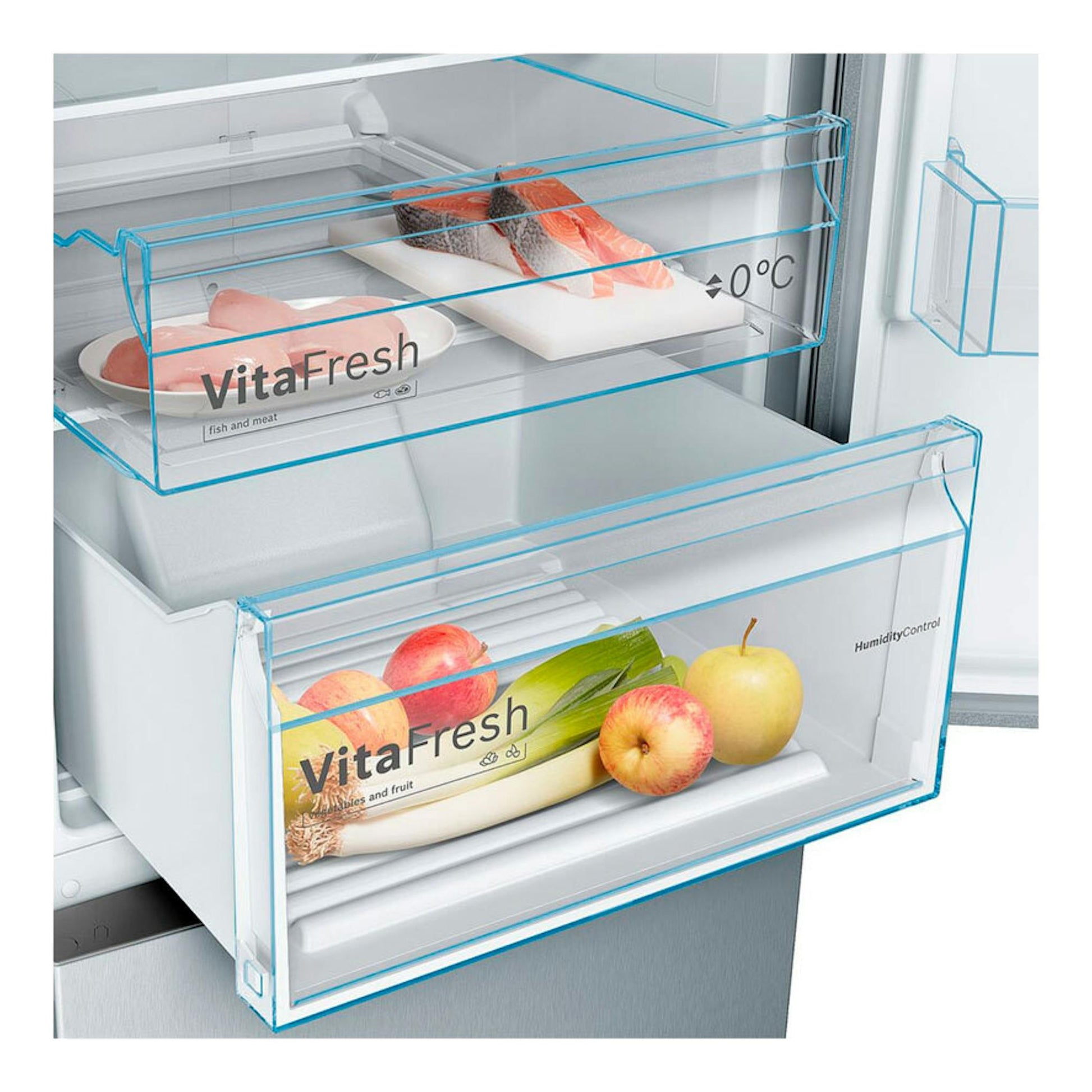Vista interior frontal de frigorífico Bosch KGN39VIDB acero, con cajones VitaFresh para carne y fruta.