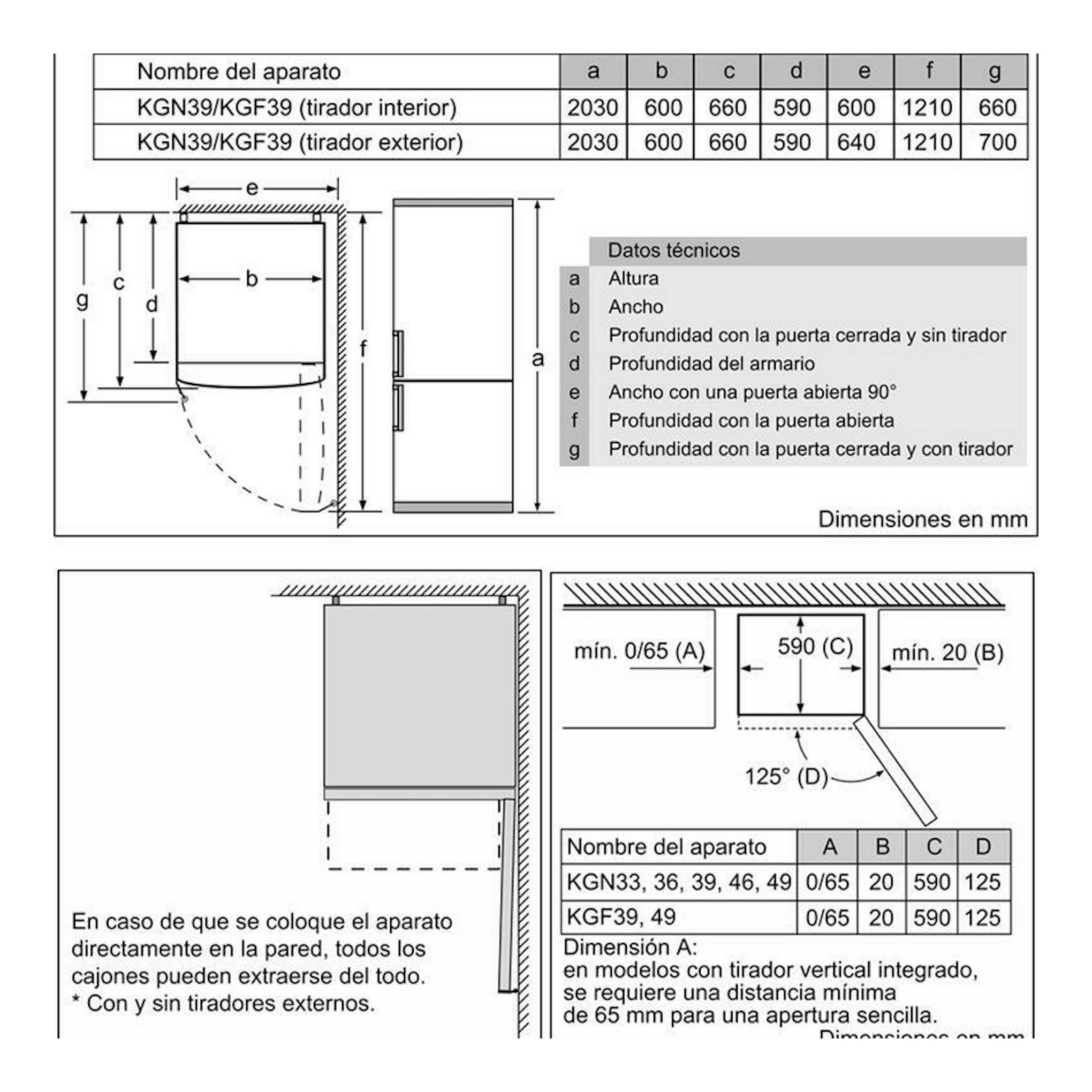 Diagrama técnico del frigorífico combi Bosch KGN39VWDA blanco, vistas frontal y lateral con medidas en mm.