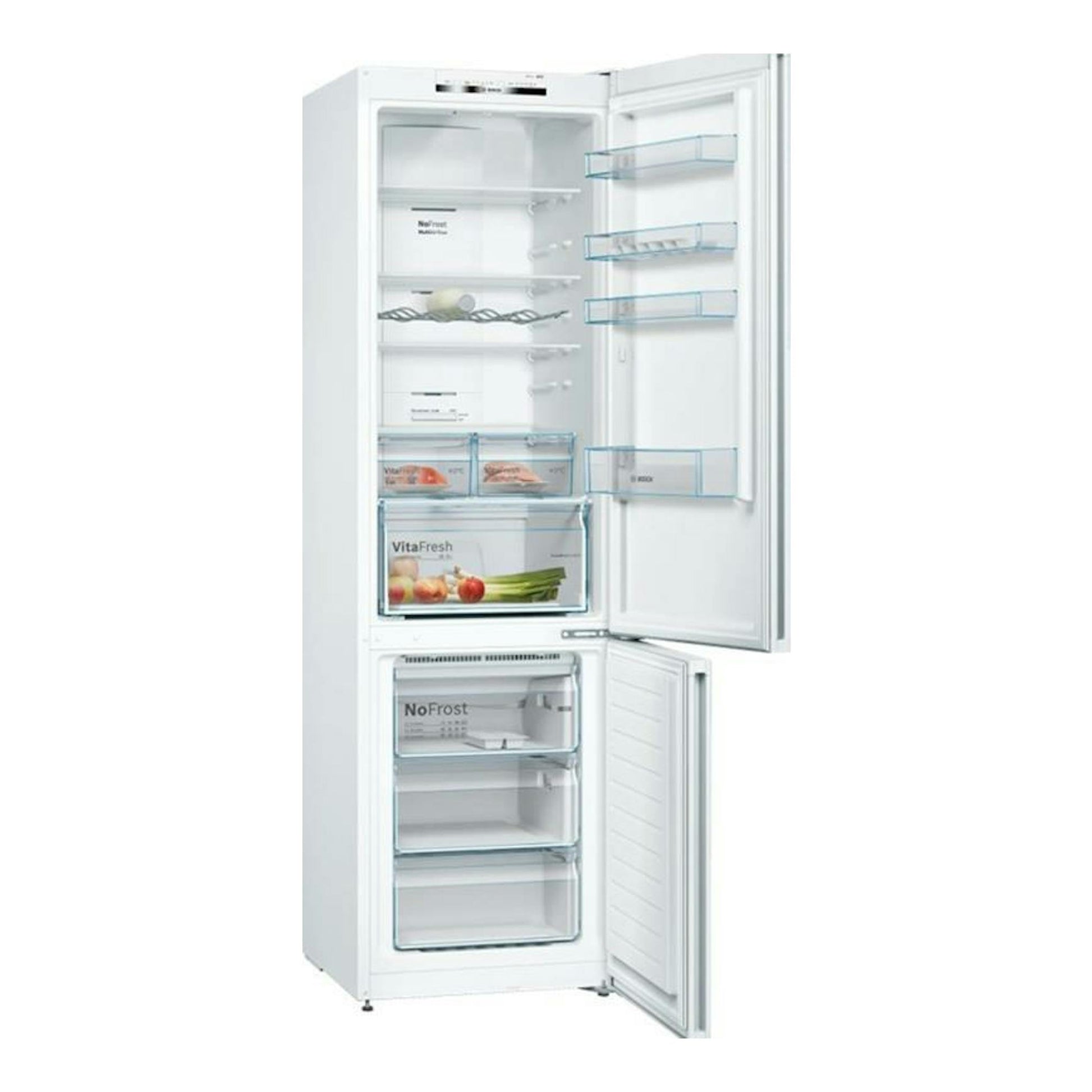 Frigorífico combi Bosch KGN39VWDA blanco, vista frontal con puertas abiertas y compartimentos interiores visibles.