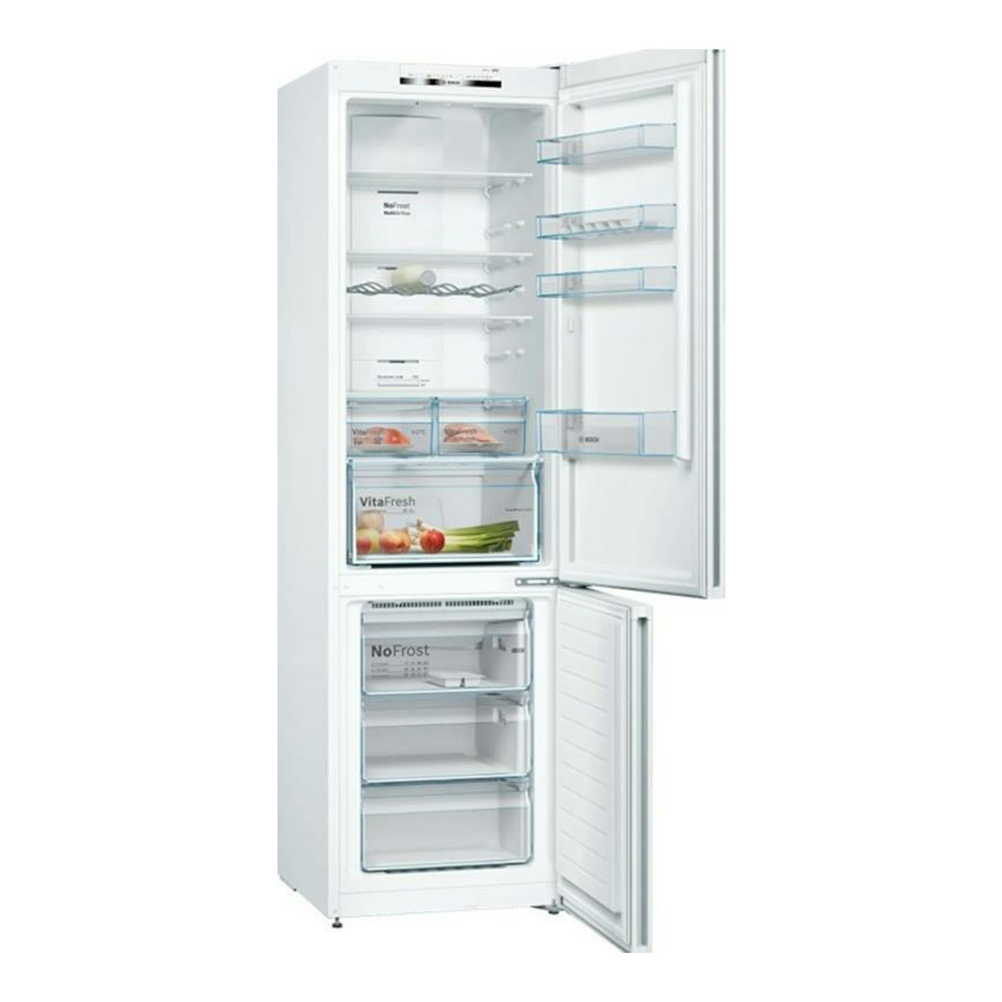 Frigorífico combi Bosch KGN39VWDA blanco, vista frontal con puertas abiertas y compartimentos interiores visibles.